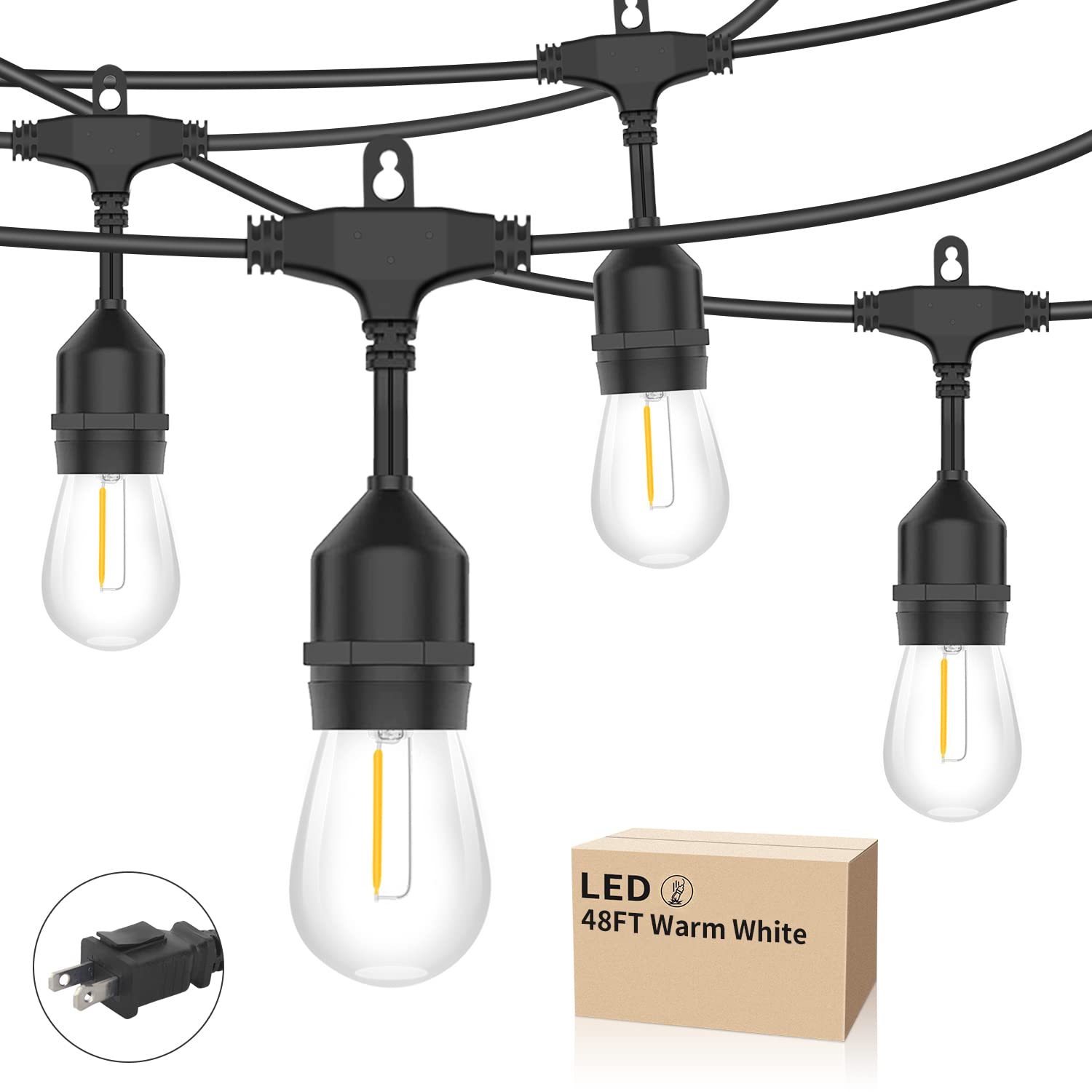 48Ft Commercial Outdoor LED String Lights - Warm White Vintage Edison Bulbs, 15 Shatterproof & Weatherproof Lights for Patio, Deck, Pergola, Porch - Perfect for Garden Parties, Wedding Decor & Backyard Lighting