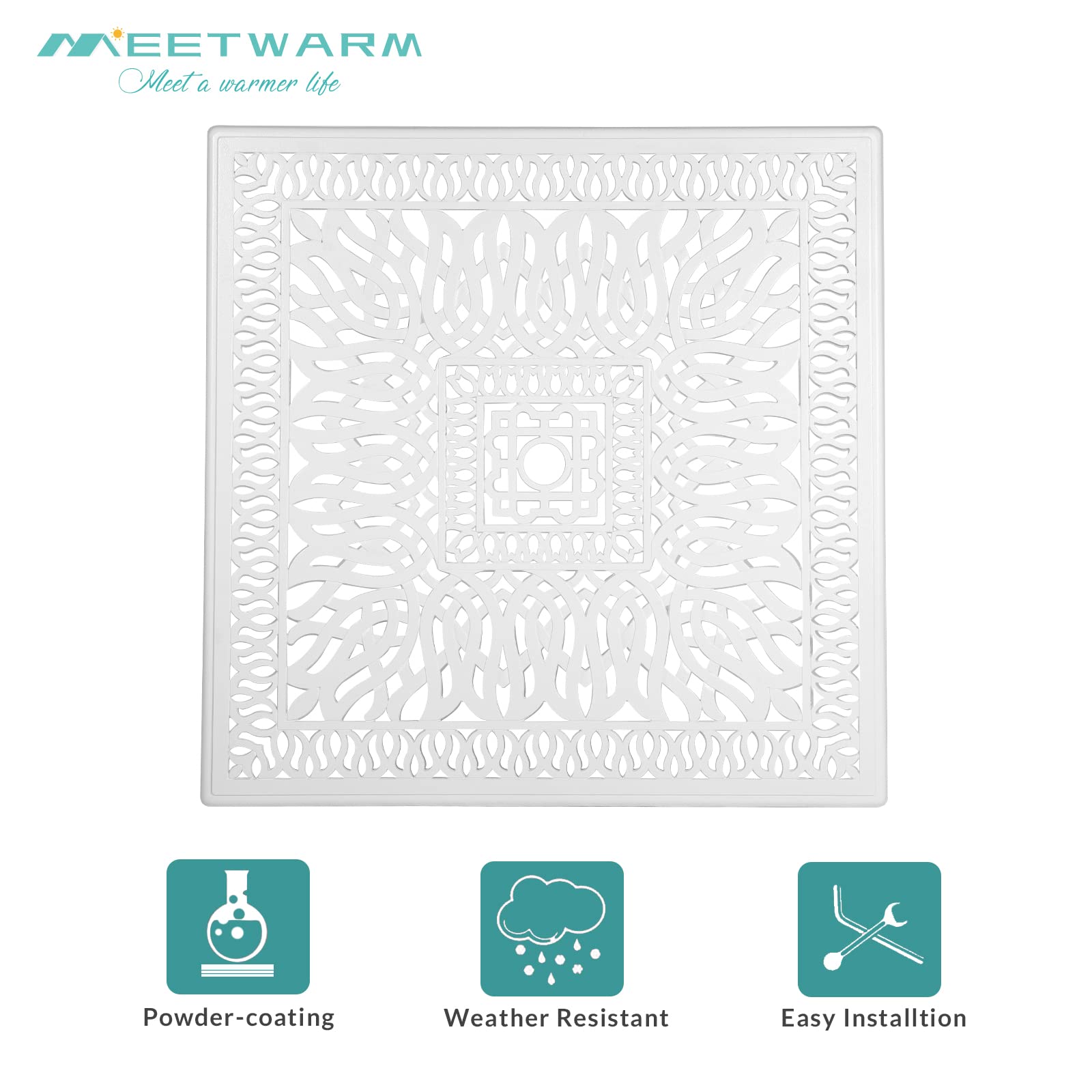 MEETWARM 35.4 Inch Square Outdoor Dining Table - Weather-Resistant Cast Aluminum Patio Table with 2.2 Inch Umbrella Hole (White) - Perfect for Backyard, Garden, Poolside & Outdoor Entertaining