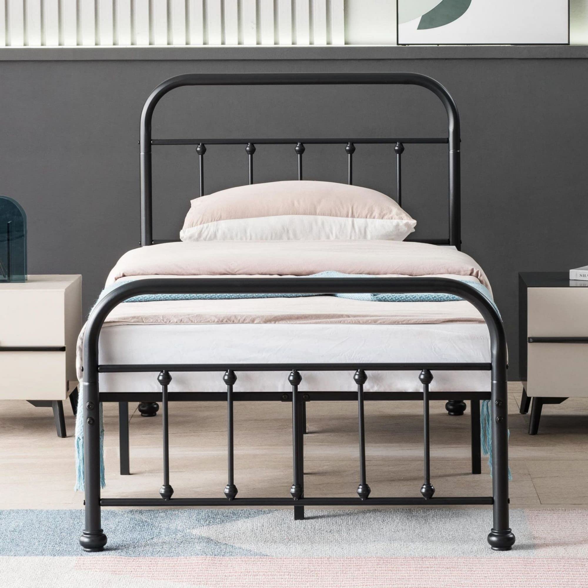 Classic Twin Size Metal Platform Bed Frame with Victorian Iron-Art Headboard & Footboard - No Box Spring Needed, Under Bed Storage Space - Perfect for Adults, Teens & Small Bedrooms - Ideal for Guest Rooms, Dormitories & Studio Apartments