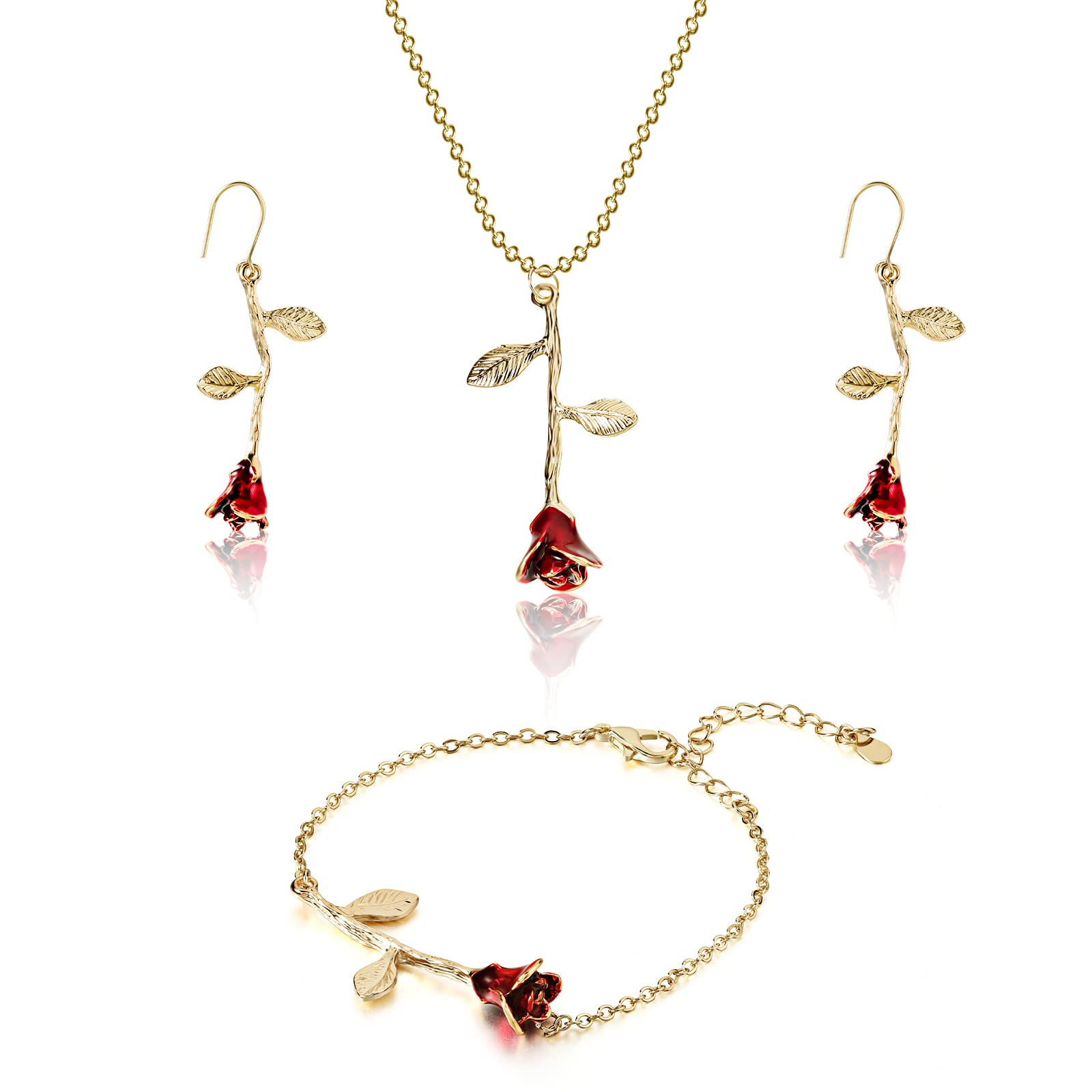 18K Gold Plated Rose Flower Jewelry Set - Necklace, Bracelet & Earrings for Women | Elegant Valentine's Day, Anniversary & Christmas Gift | Perfect for Date Nights, Parties & Special Occasions