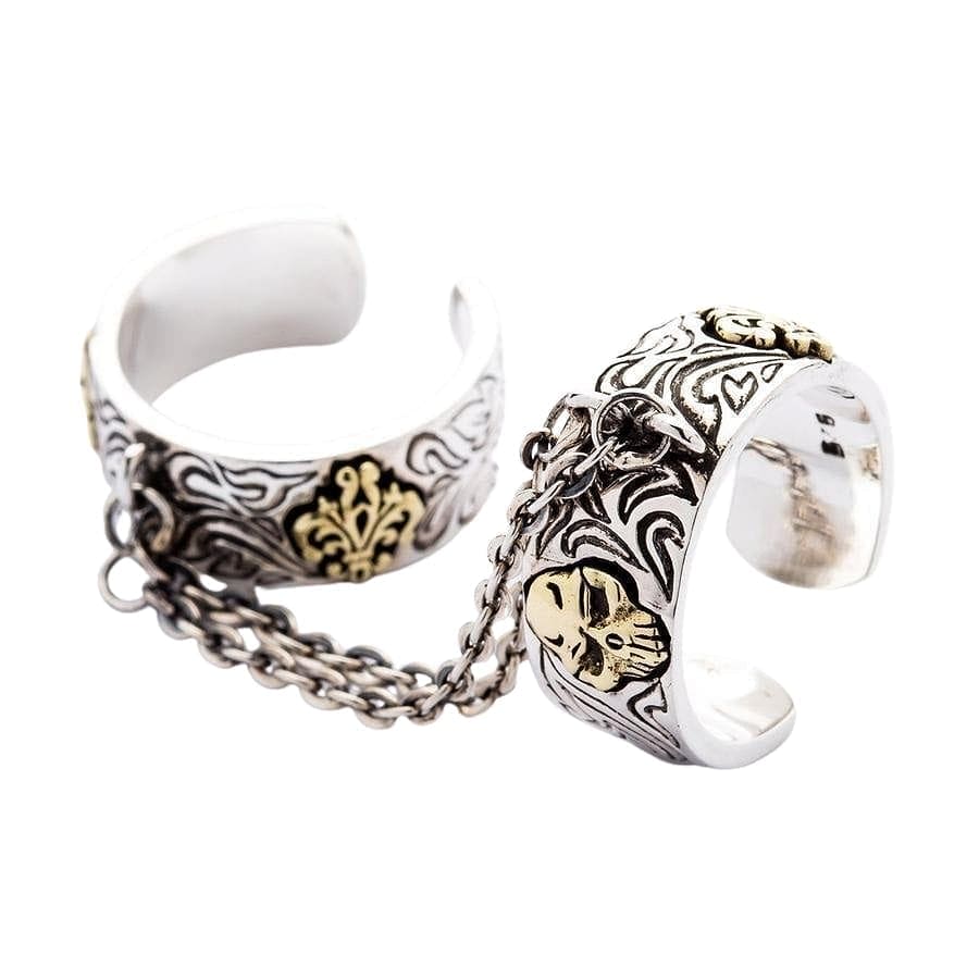 Gothic Punk Chained Double Skull Ring - Sterling Silver Jewelry for Men & Women - Perfect for Halloween, Rock Concerts and Alternative Fashion