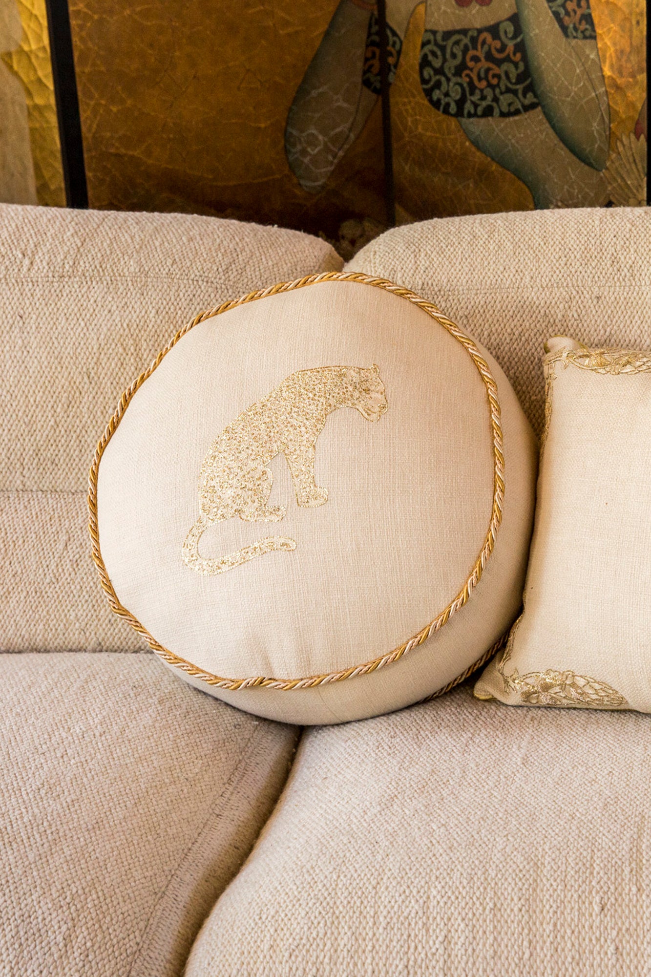 Desert Animal Embroidered Round Decorative Throw Pillow Cover - Cactus & Coyote Design for Boho Home Decor, Bedroom, Living Room, Sofa