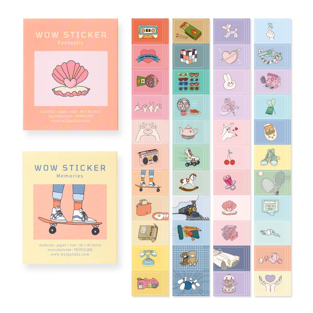 Monolike Wow Sticker Memories & Fantastic Set - Mini Cute Square Stickers for Scrapbooking, Journaling, DIY Crafts, and Planner Decorations