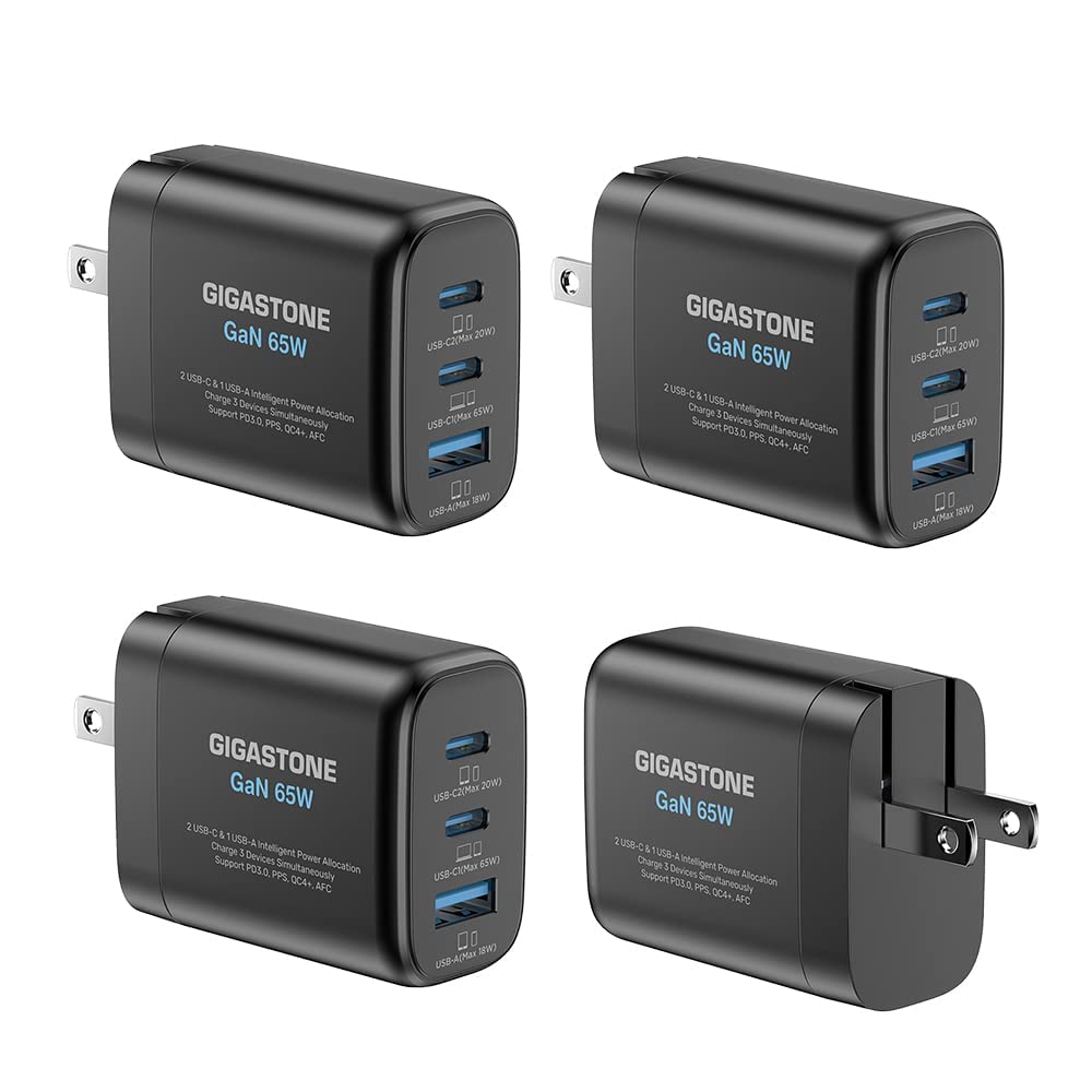 Gigastone 65W GaN USB C Fast Charger [4-Pack] - 3-Port PD PPS Charger with Intelligent Power Allocation for MacBook Air/Pro, Dell XPS, iPad, iPhone 16/15, Galaxy S24 - Foldable Plug Compact Travel Charger for Home, Office & On-the-Go Use