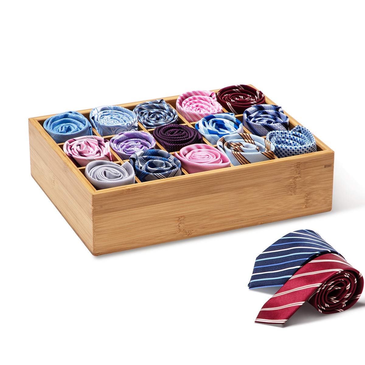 GOBAM Bamboo Drawer Organizer with 15 Compartments - Storage Box for Belts, Ties, Bras, Underwear, Socks & Jewelry - Natural Wood Closet Divider - Perfect for Bedroom, Dresser & Bathroom Organization