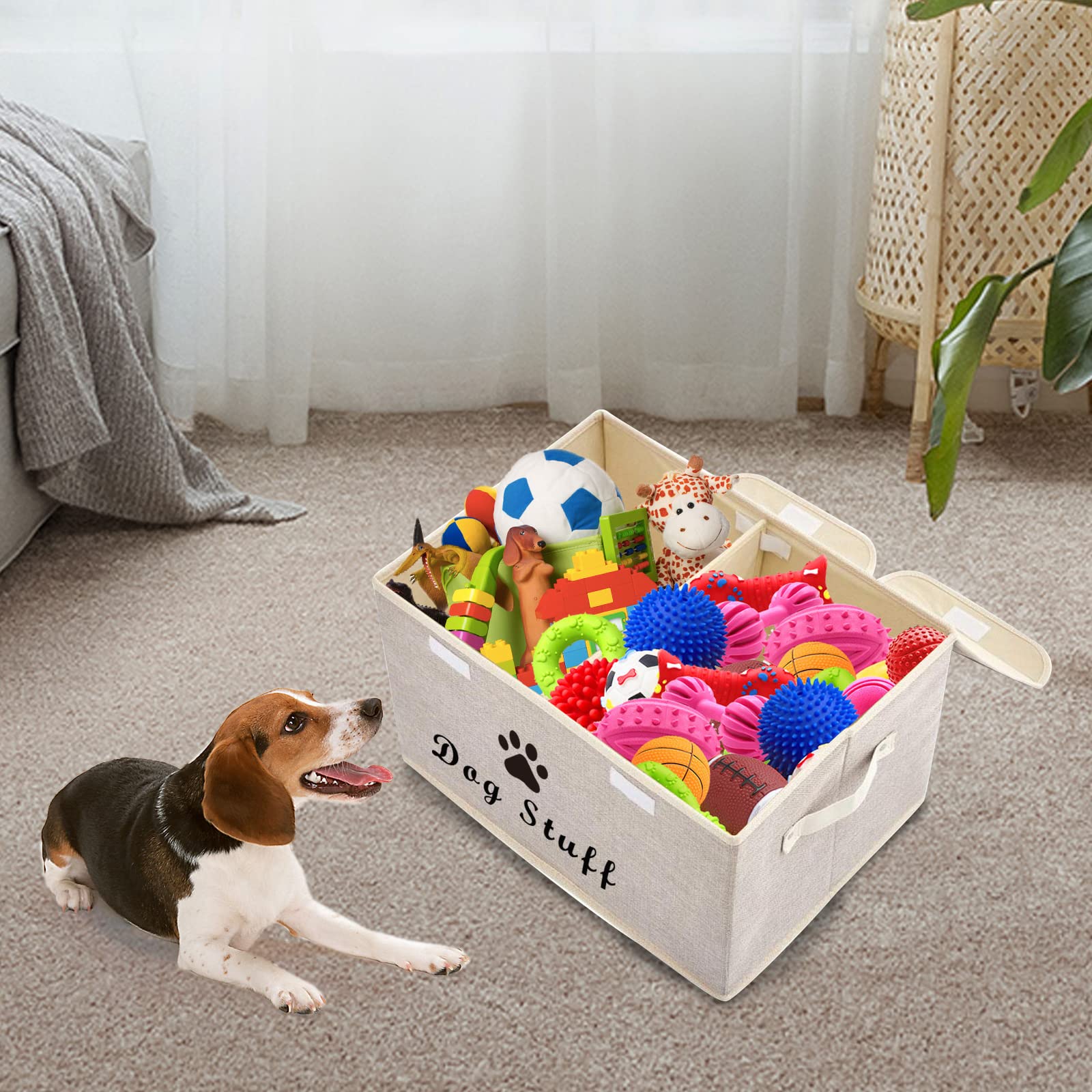 Durable Dog Toy Storage Box with Lid - Pet Organizer Basket for Living Room, Playroom & Closet - Beige Home Organization Solution | Perfect for Storing Chew Toys, Plush Toys & Pet Accessories