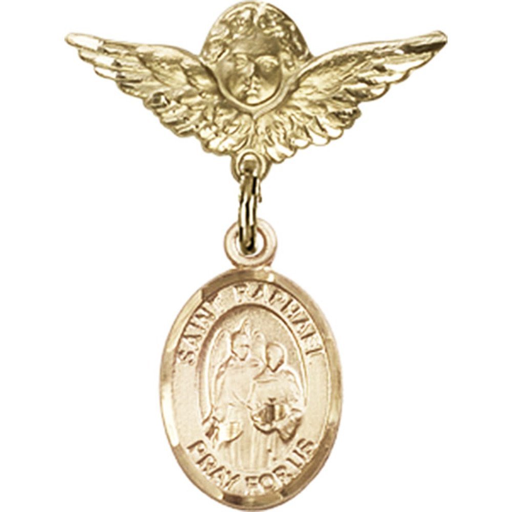 St. Raphael Archangel Gold Filled Baby Badge Pin - 1 x 3/4 Inch Religious Charm with Angel Wings - Perfect for Christening Gifts, Baptism Jewelry & Catholic Keepsakes