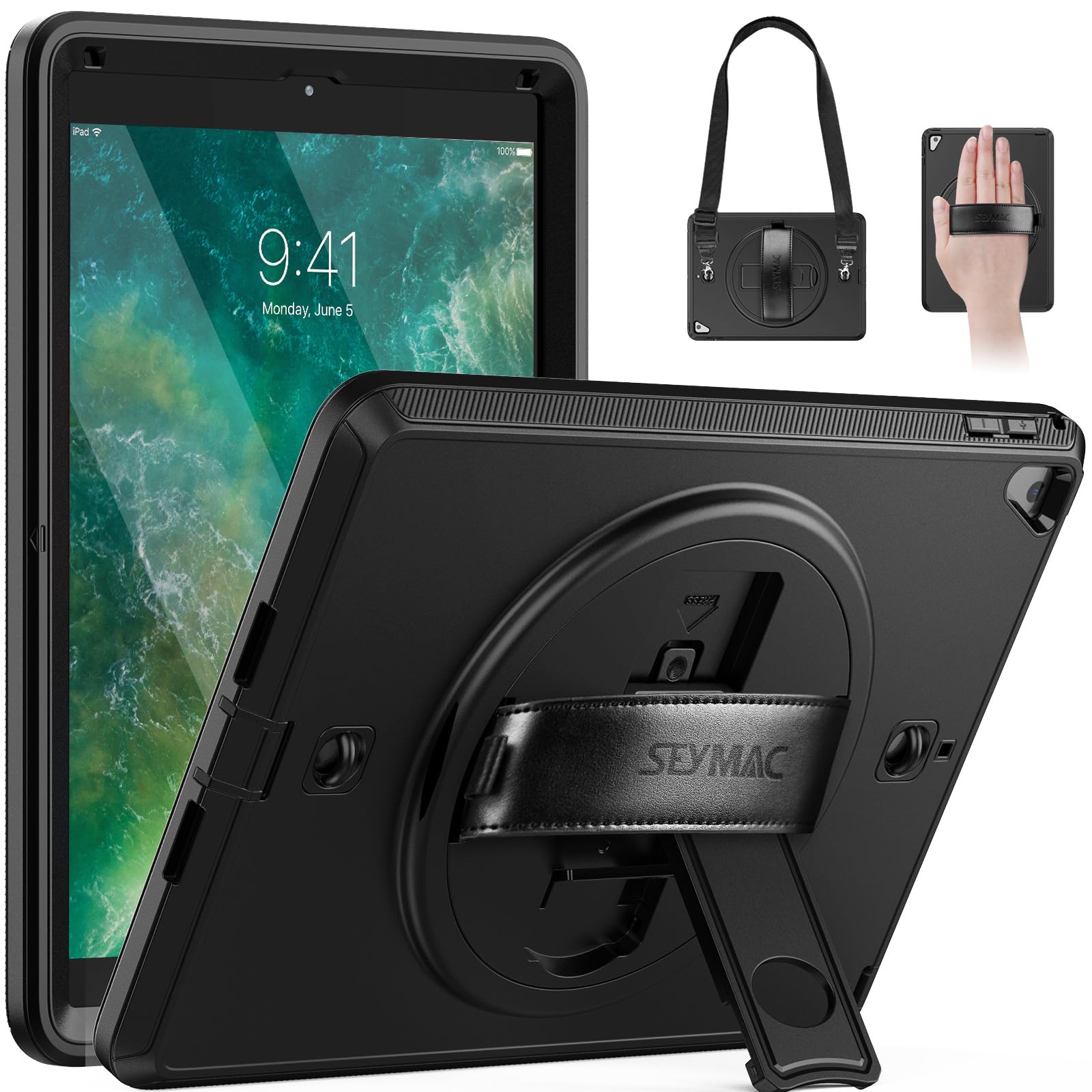 SEYMAC Shockproof iPad Case for 5th/6th Gen & iPad Air 2 - 9.7 Inch Full Protection Cover with Screen Protector, Pencil Holder, 360° Rotating Hand Strap & Kickstand | Perfect for Work, Travel & School (Black)