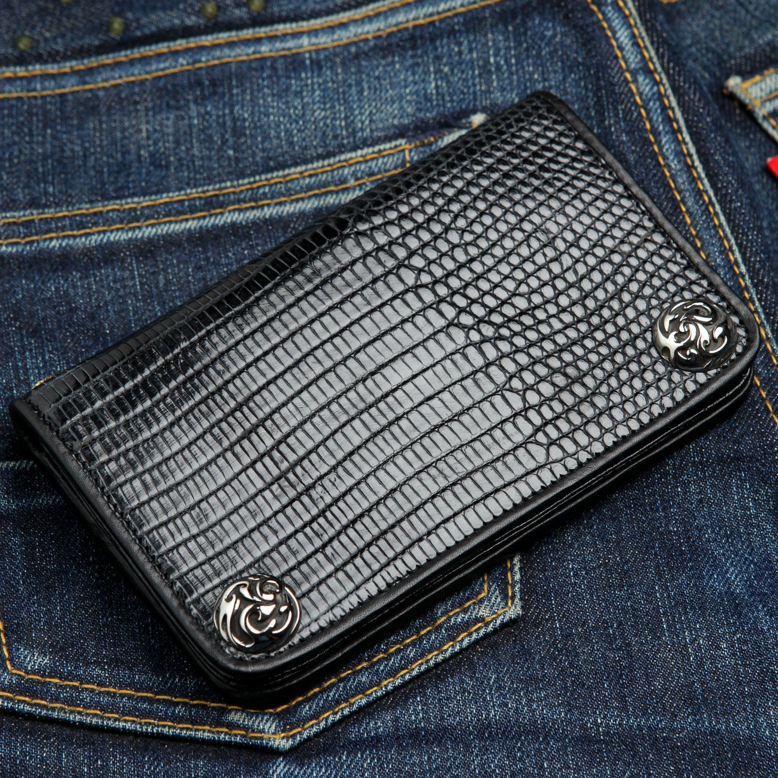 Authentic Black Lizard Leather Biker Wallet for Men - RFID Blocking Slim Bifold Wallet - Perfect for Motorcycle Riders & Everyday Use