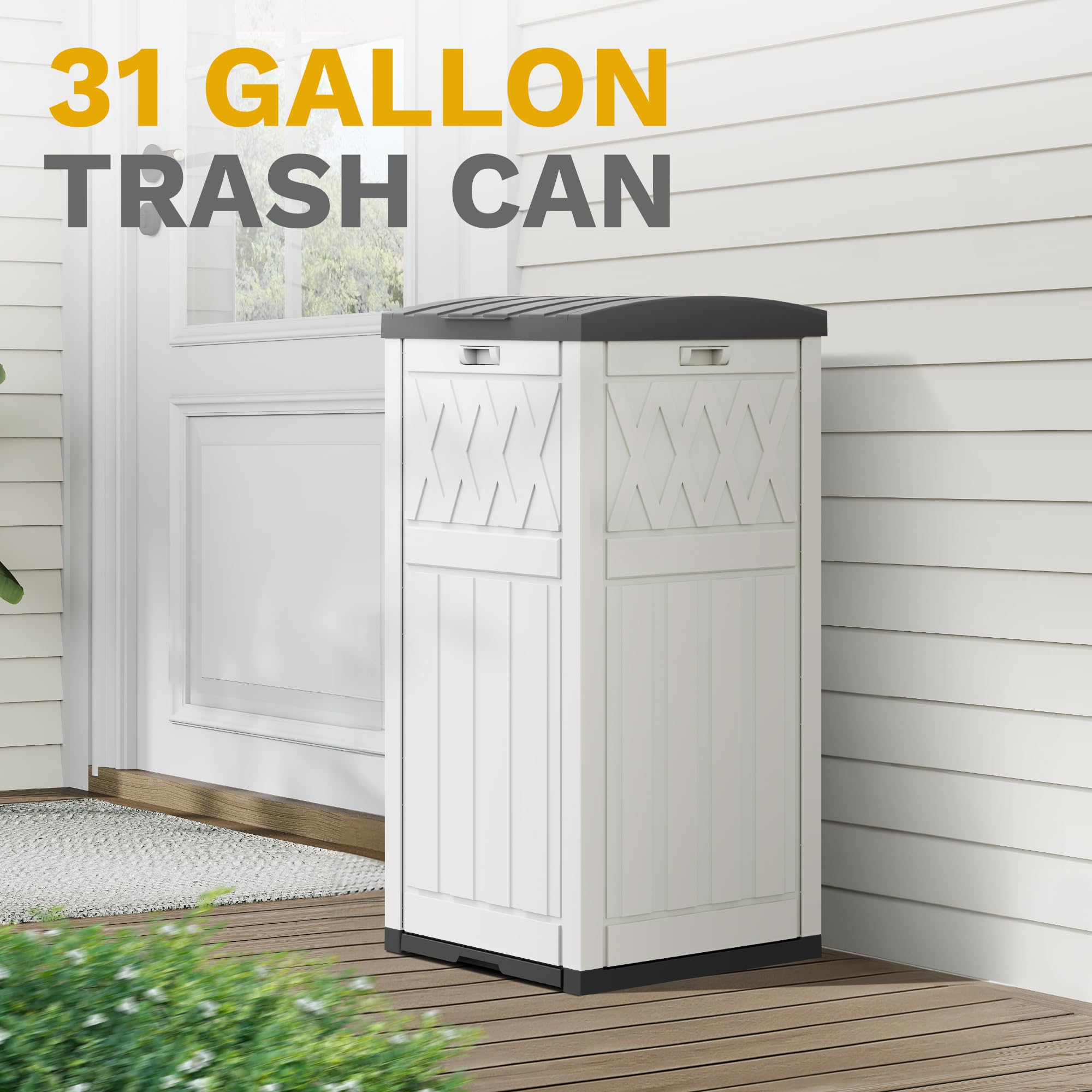DWVO 38 Gallon Outdoor Trash Can with Tiered Lid & Drip Tray - Waterproof Resin Garbage Bin for Patio, Kitchen, Backyard - Heavy Duty Grayish-White Trash Container for Home, Garden & Commercial Use