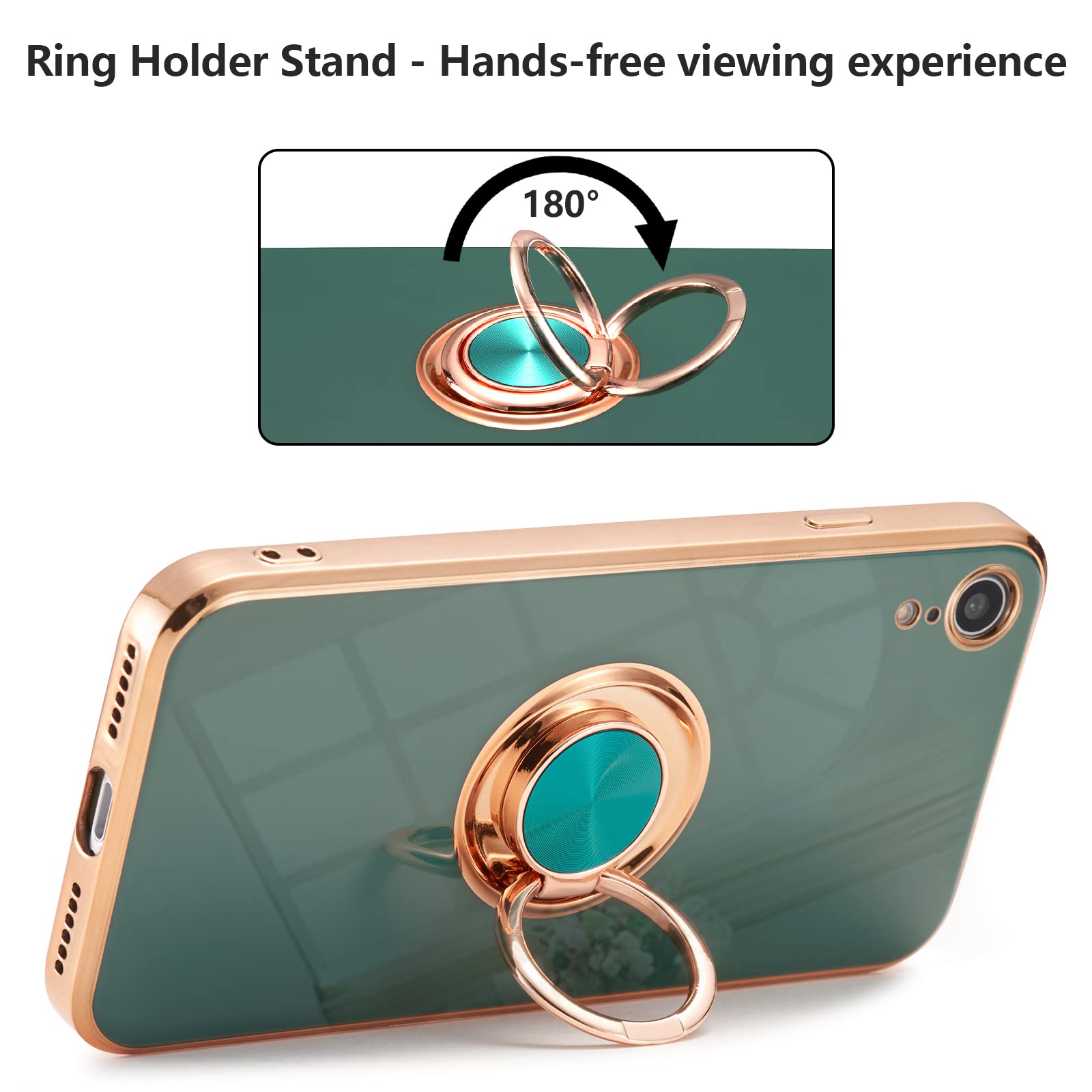 Premium 360° Rotating Magnetic Ring Holder Case for iPhone XR - Shockproof Silicone Cover with Strong Electroplated Magnet for Car Mount & Hands-Free Use (Dark Green) | Perfect for Driving, Working & Outdoor Activities