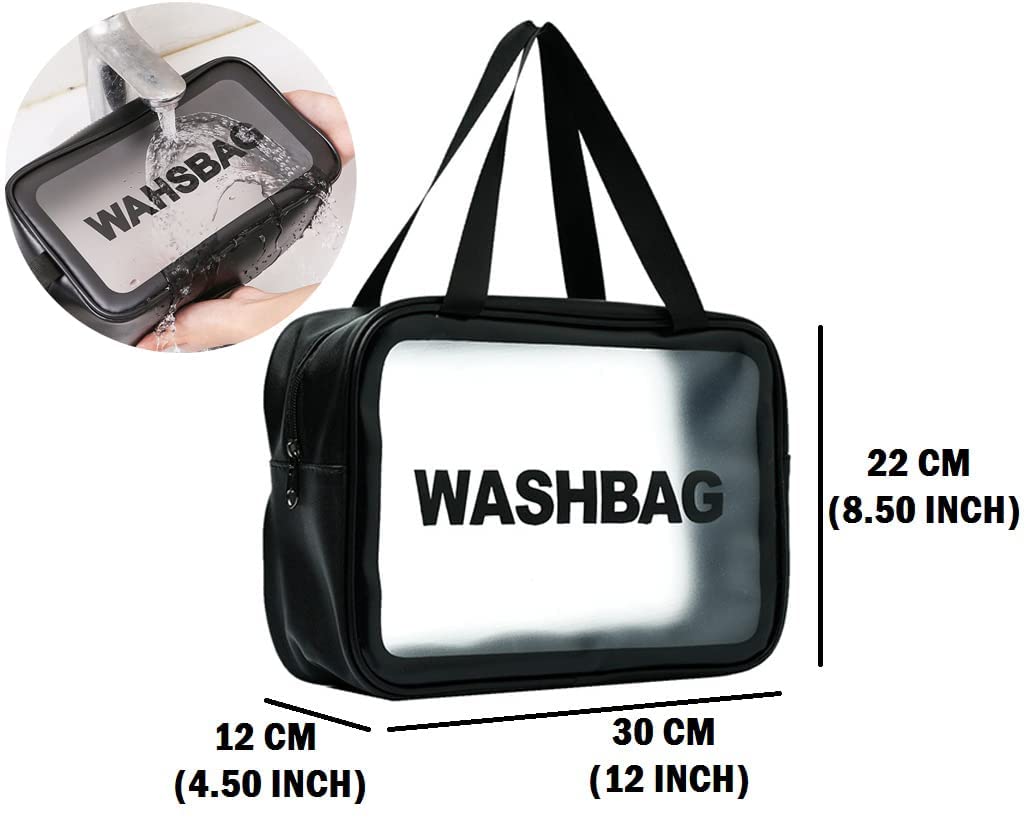 VALAMJI Waterproof Transparent Cosmetic Bag - Travel Toiletry Organizer with Zipper & Handle, Washable Makeup Pouch for Women & Girls (1PC, Black) - Perfect for Air Travel, Gym, Beach & Daily Essentials Storage