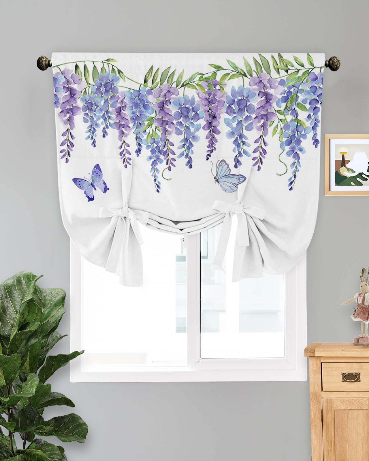 Adjustable Balloon Tie-Up Blackout Window Valance Curtain - 42x63 Inch Spring Floral Purple Flower Butterfly Design for Bedroom, Farmhouse & Kitchen Decor | Rod Pocket Panel for Light Control & Privacy