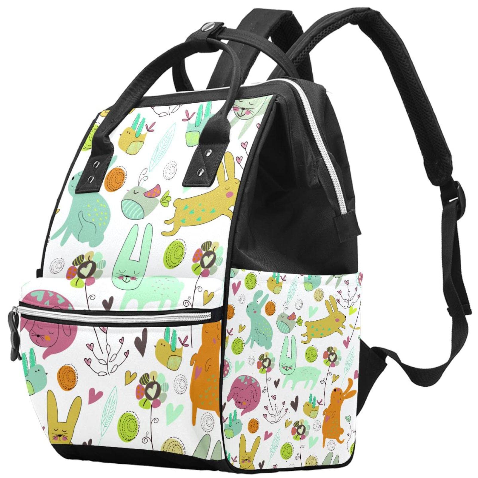 **Stylish Unisex Diaper Backpack for Moms & Dads - Large Travel Baby Changing Bag with Multiple Pockets - Cute Cartoon Bunnies Birds & Flowers Design - Perfect for Daycare, Travel & Family Outings**