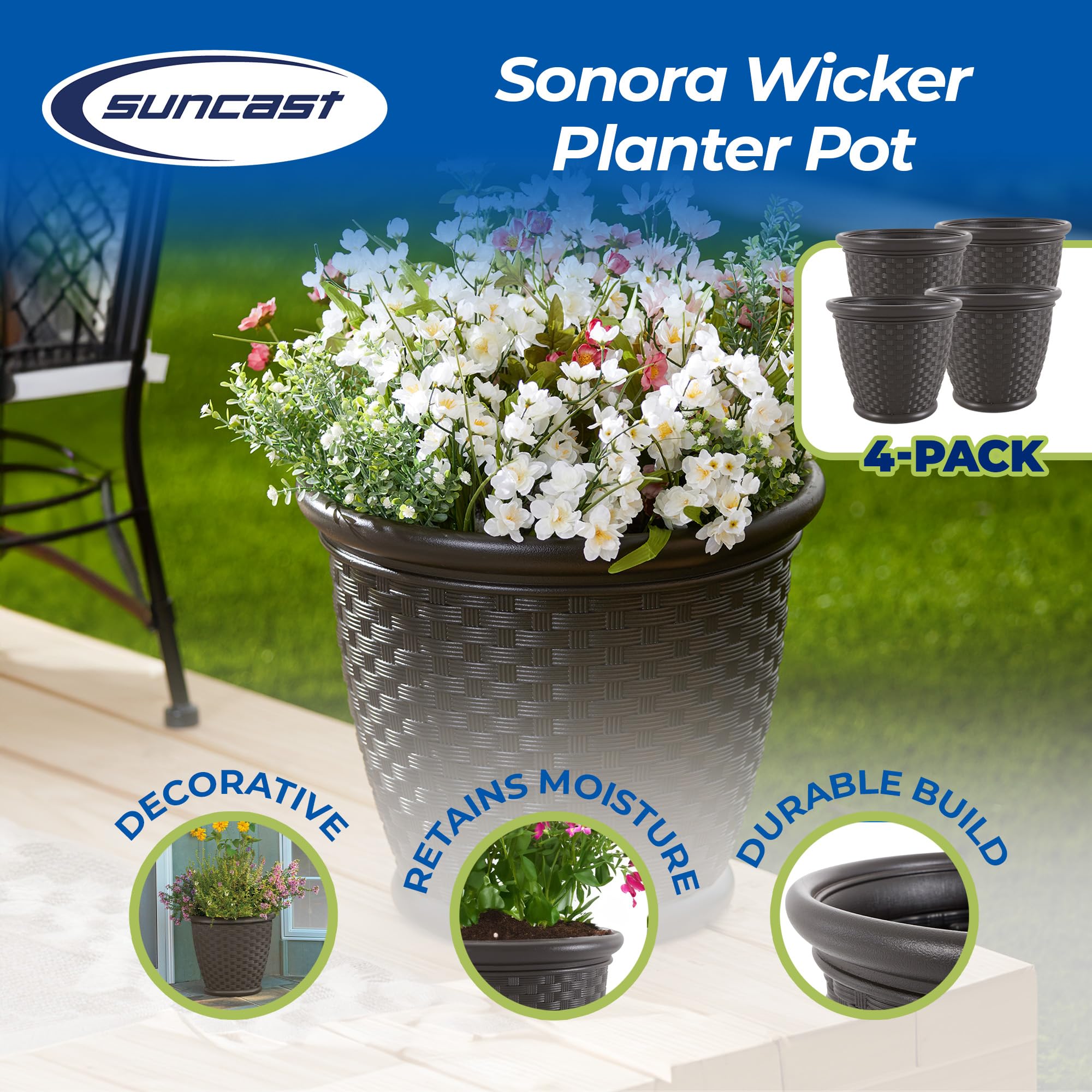 Suncast Sonora 18 Inch Brown Plastic Wicker Decorative Garden Flower Planter Pots - 4 Pack for Indoor Outdoor Use in Backyard, Patio, Balcony & Home Decor