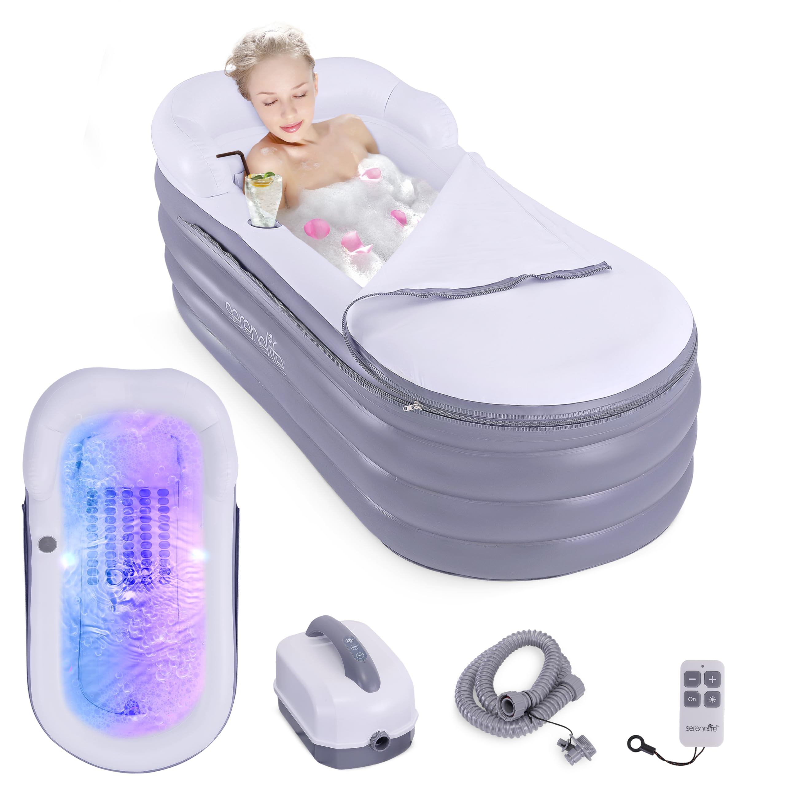 **SereneLife Inflatable Bathtub with Bubble Massage Mat - Portable Spa with LED Lights, Remote Control, Cup Holder & Pillow - Relaxing Backrest & Armrests for Home, Outdoor, or Travel Use**