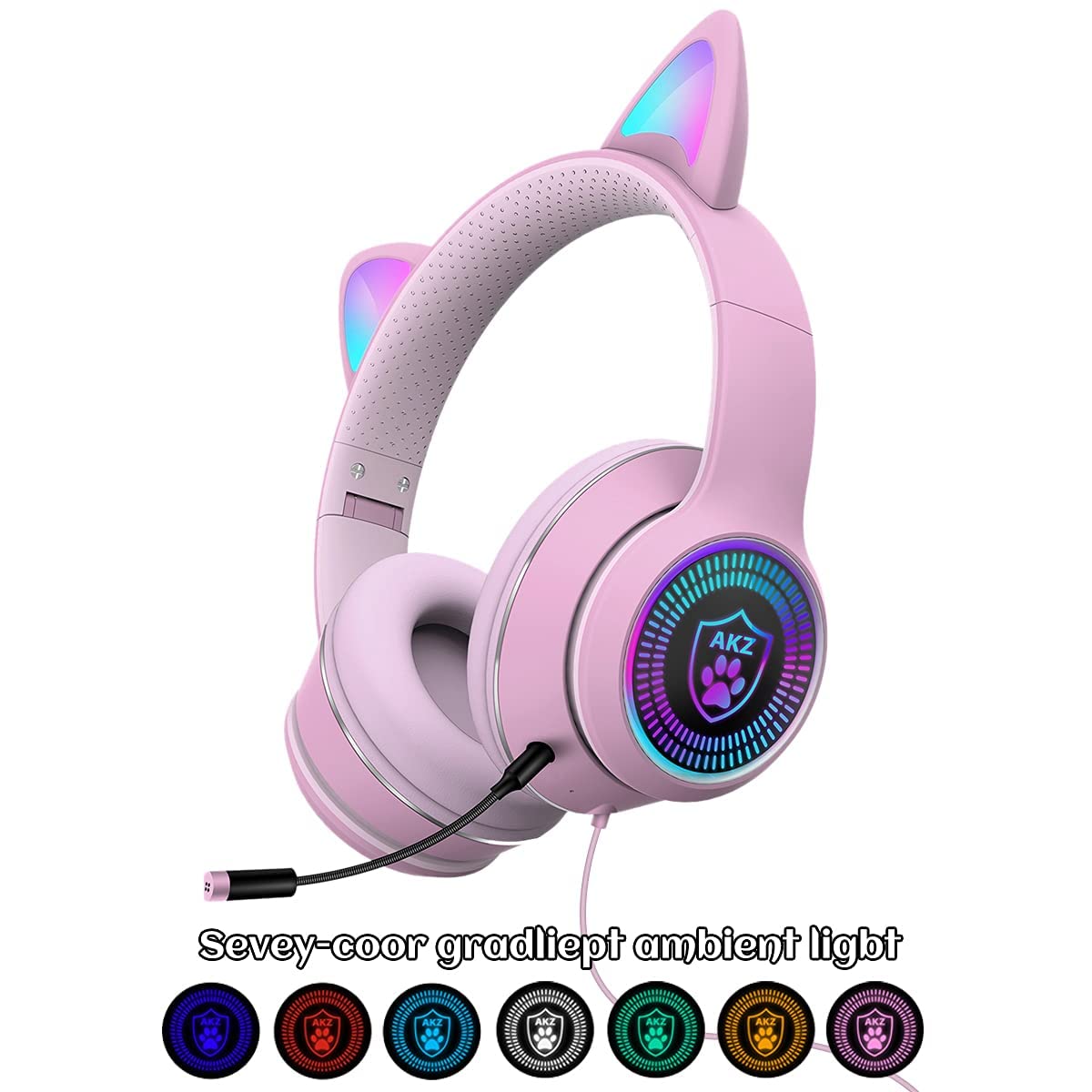 LED Cat Ear Gaming Headset with Microphone - Wired 3.5mm AUX Stereo Sound, RGB Light Effects, Over-Ear Comfort for PC, PS4, Switch, Mobile & Laptop (3 Colors) - Perfect for Live Streaming, Gaming Sessions & Cosplay Events