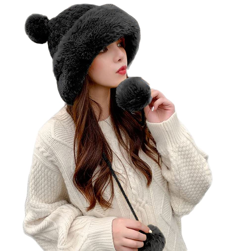 Women's Winter Pompom Beanie - Soft Fluffy Knit Faux Fur Crochet Skull Cap with Ear Warmers for Cold Weather | Cozy Outdoor Winter Hat for Skiing, Snowboarding & Casual Wear