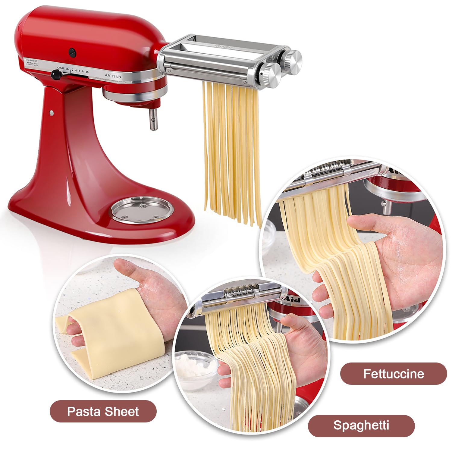 3-in-1 Stainless Steel Pasta Maker Attachment for KitchenAid Stand Mixer - Includes Pasta Roller, Spaghetti & Fettuccine Cutter with Metal Knob Screw Replacement - Perfect for Homemade Pasta, Italian Cuisine and Family Cooking