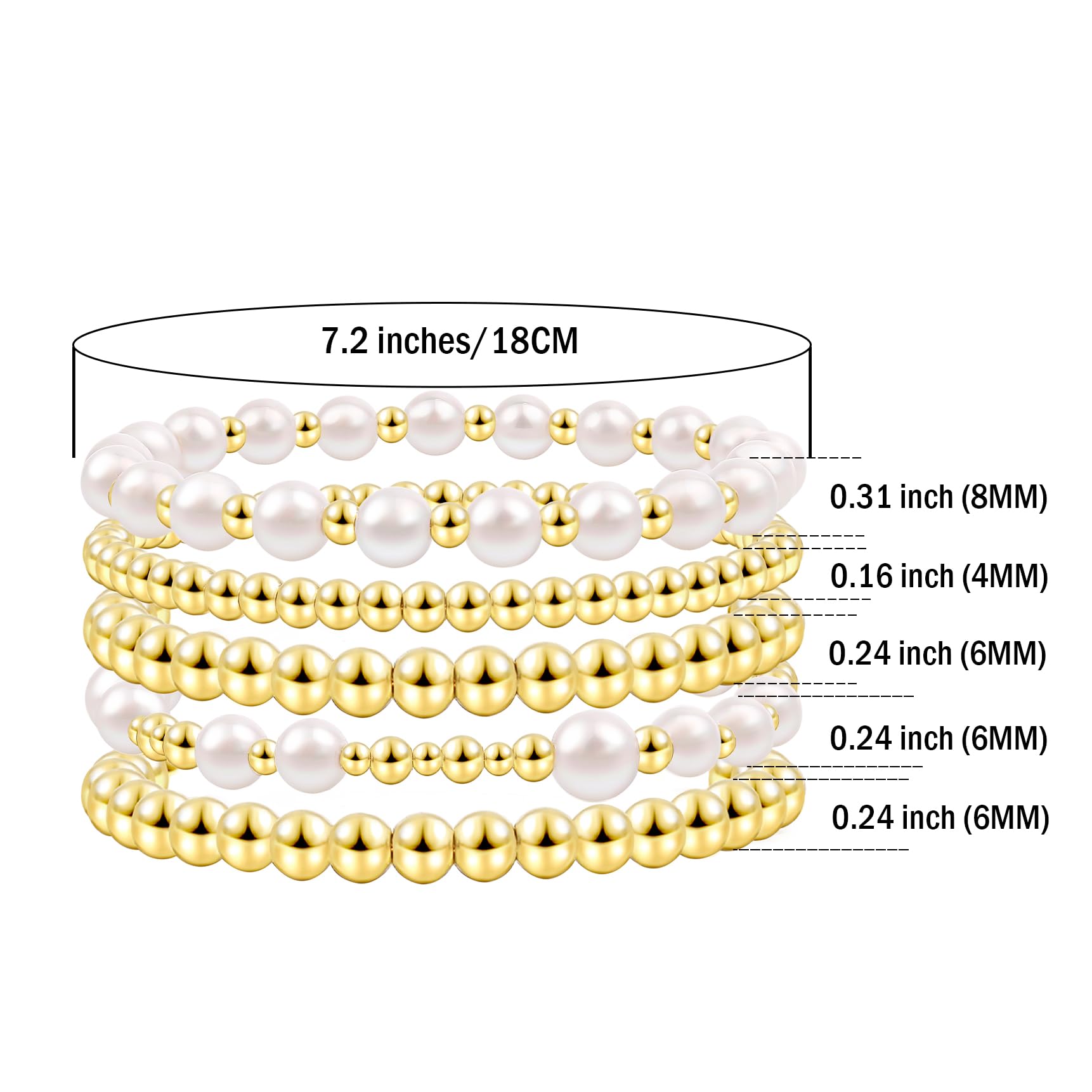 Gold Beaded Bracelets for Women - White & Black Beads, Gold Filled Stretch Elastic Stackable Bracelet Set, Trendy Dainty Layered Jewelry for Everyday Wear, Gift Giving & Special Occasions