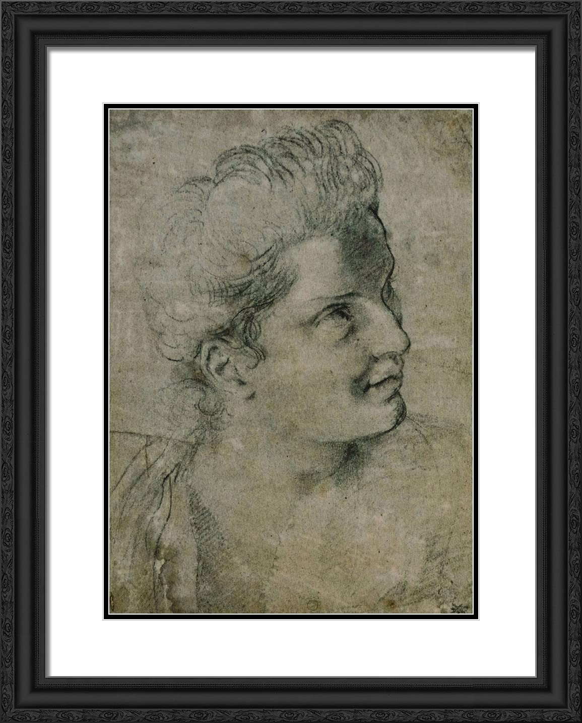 Annibale Carracci 20x24 Black Ornate Framed Art Print - 'Face of a Woman Turned Towards the Right' with Double Matting | Classic Renaissance Wall Decor for Living Room, Bedroom & Office