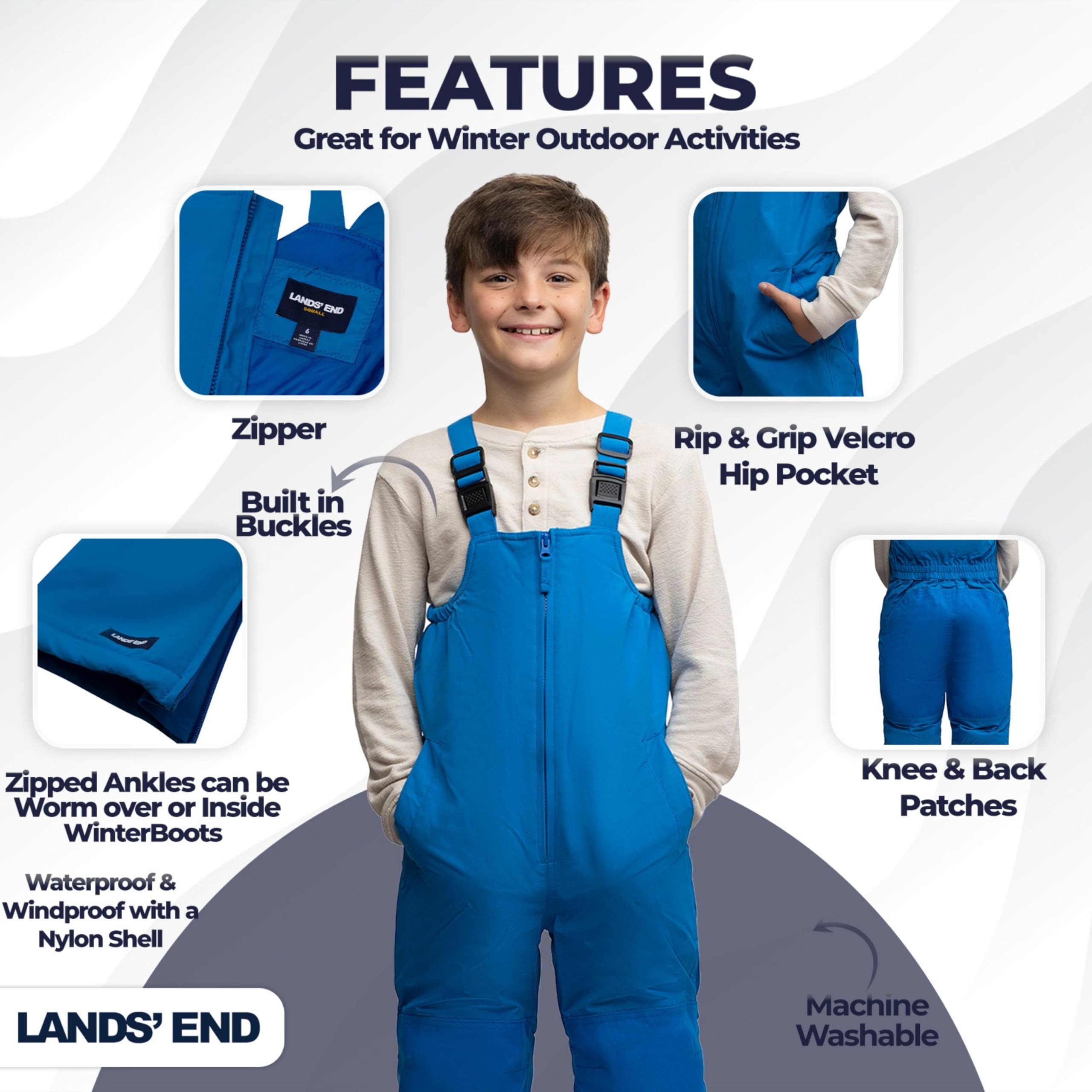Lands' End Kids Squall Waterproof Snow Bib Pants with Reinforced Knees - Warm Winter Snow Pants for Boys & Girls, Ideal for Skiing, Sledding & Outdoor Play