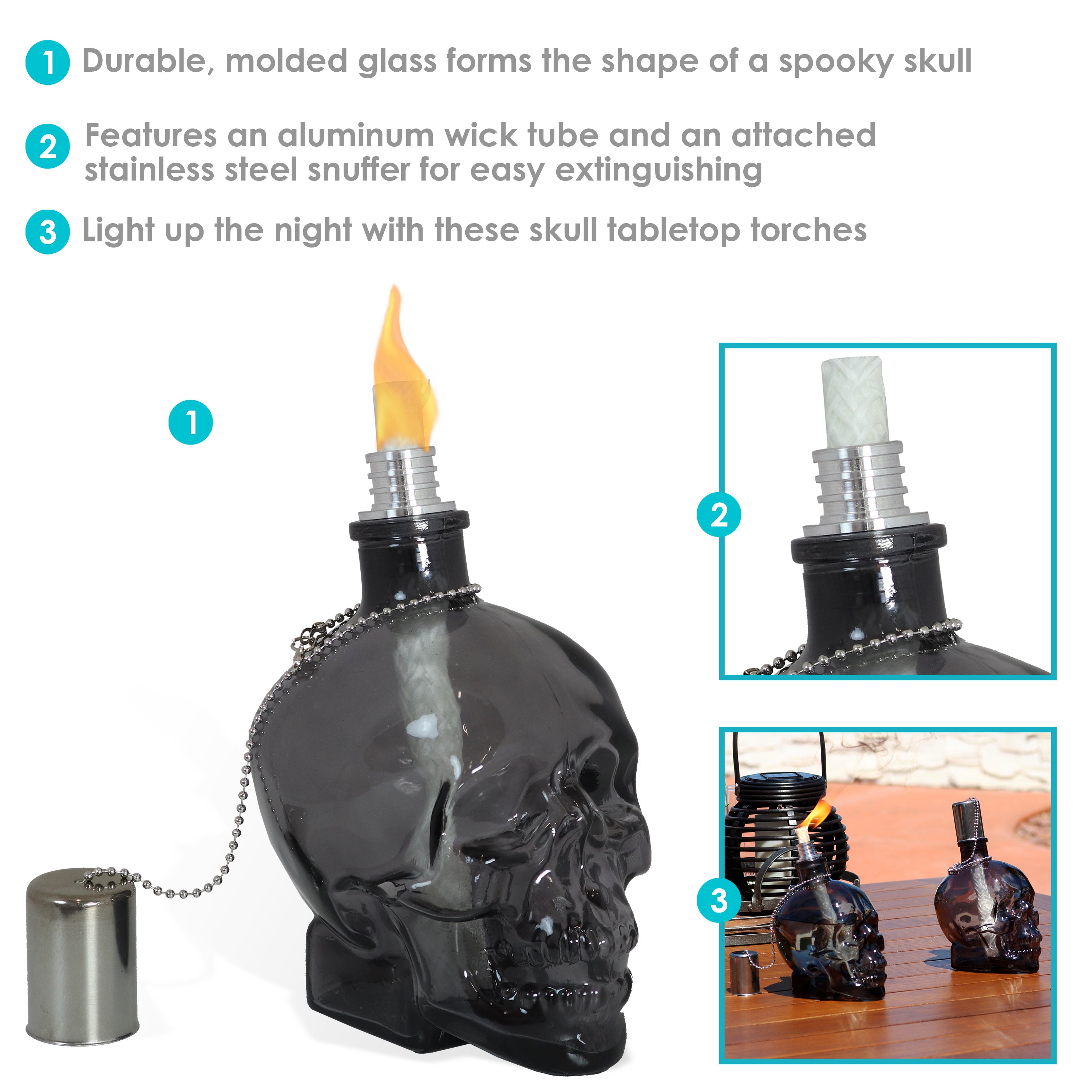 Sunnydaze Grinning Skull Glass Tabletop Torches - Outdoor Halloween Decorations, Patio Fire Pit Accessories, Spooky Party Centerpieces for Backyard, Garden & Poolside Gatherings