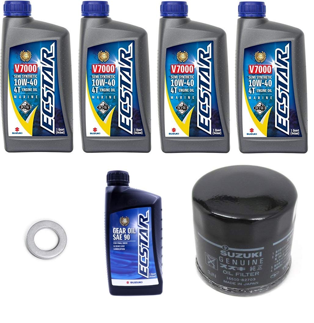 Suzuki DF40A Outboard Motor Oil Change Kit - 4 Quarts Engine Oil, 16510-87J00 Oil Filter, 1 Quart 80W-90 Lower Unit Gear Oil & Drain Plug Gasket 09168-12012 - Perfect for Marine Maintenance & Boat Engine Care