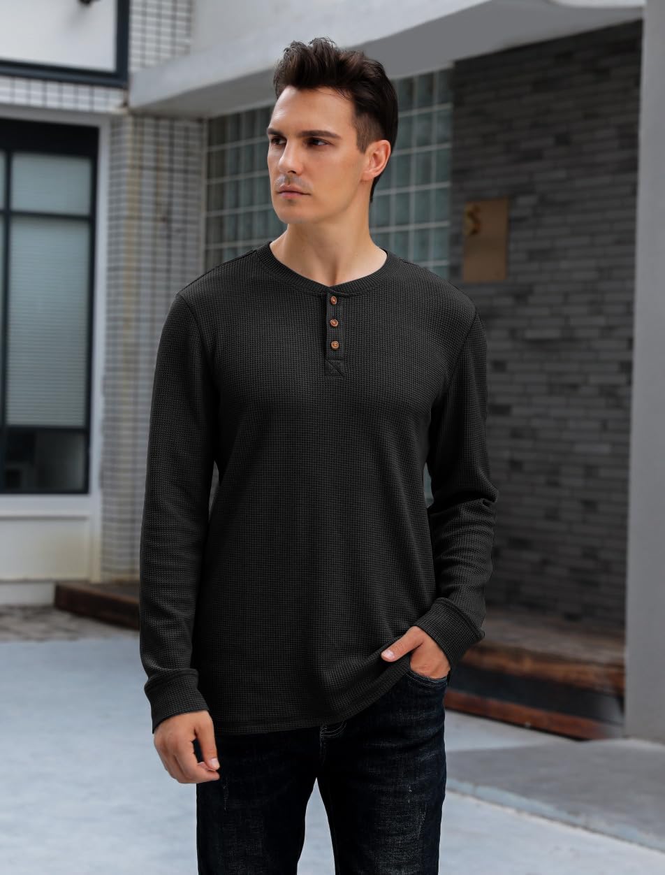 Men's Waffle Long Sleeve Henley Shirt - Soft Thermal Knit Top for Casual Wear & Layering | Perfect for Fall & Winter Outfits