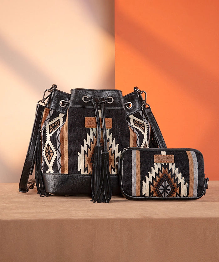 Wrangler Aztec Knitted Bucket Bag Set for Women - Boho Chic Crossbody Purse with Adjustable Strap - Perfect for Travel, Shopping & Everyday Use