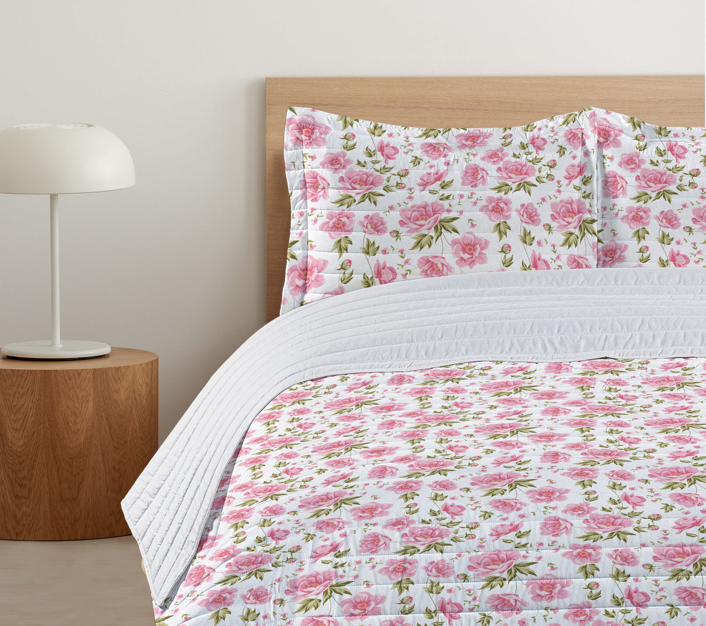 Lunarable Peonies Microfiber Bedspread Set - Queen Size Soft Bedding with Pillow Shams & Comforter in Olive Green Pink White | Shabby Chic Floral Design with Cherry Blossom Twigs | Perfect for Romantic Bedroom Decor, Summer Home Refresh & Cozy Nights