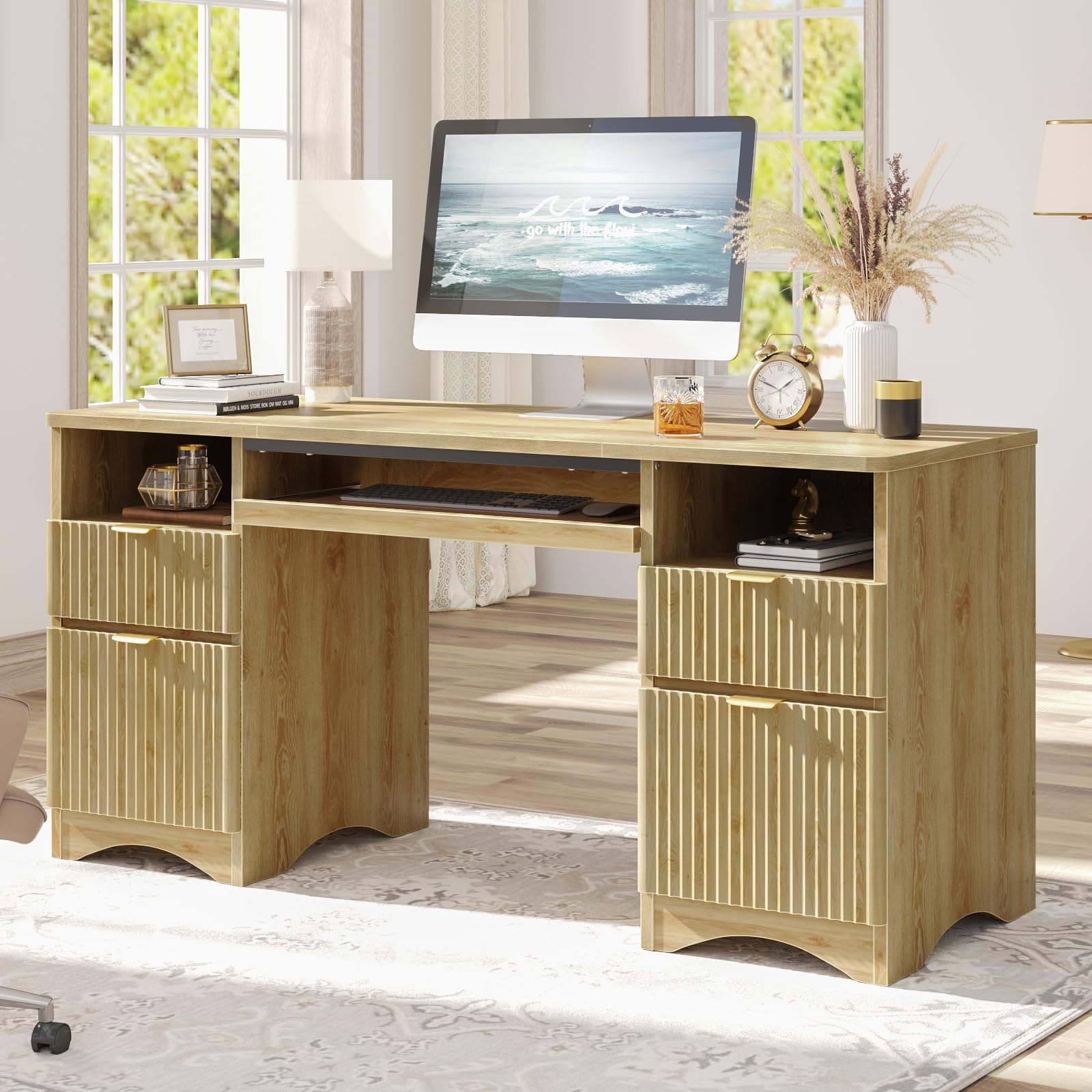 Bestier 59 Inch Computer Desk with Keyboard Tray & 4 Drawers - Modern Home Office Desk with File Storage (Natural Oak) - Perfect for Small Spaces, Gaming & Remote Work Setup