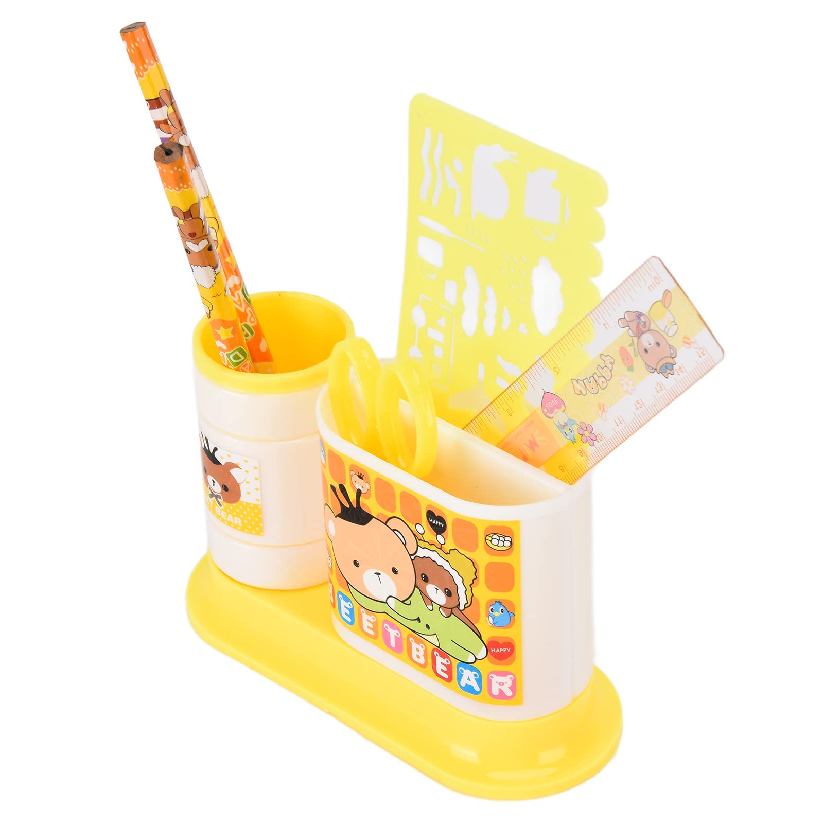 Durable Plastic Pencil Box with 2 Compartments - Includes Scissors, Pencil Sharpener & Ruler for School, Office & Study Room Organization (Yellow) - Perfect for Students, Teachers & Office Supplies Storage