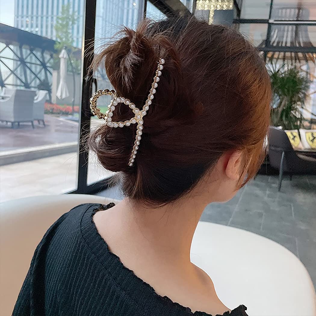 SOWUNO 4PCS Metal Hair Claw Clips with Fake Pearls - Elegant Non-Slip Barrettes for Women with Thick Hair - Perfect for Updos, Ponytails and Everyday Hairstyles