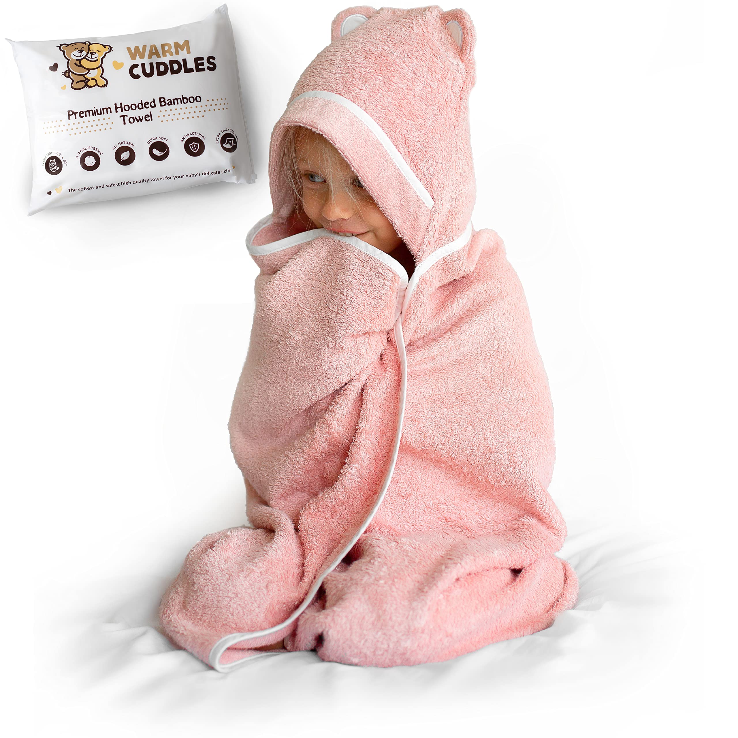 Premium Soft Bamboo Rayon Toddler Hooded Towel - Large Absorbent Baby Bath Towel for Boys & Girls - Ideal for Swimming, Bath Time & Beach (Pink)