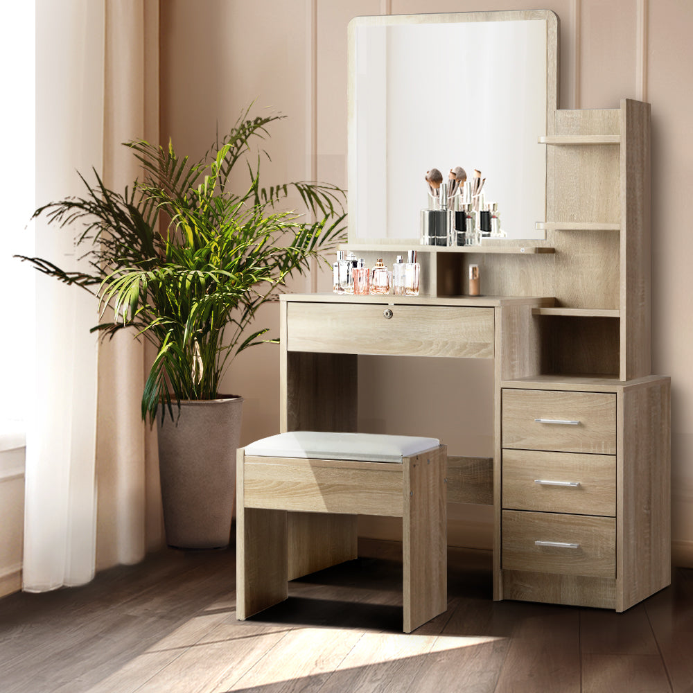 Vanity Makeup Desk Set with Mirror, Stool & Organizer Drawer - Solid Oak Dressing Table for Bedroom & Bathroom