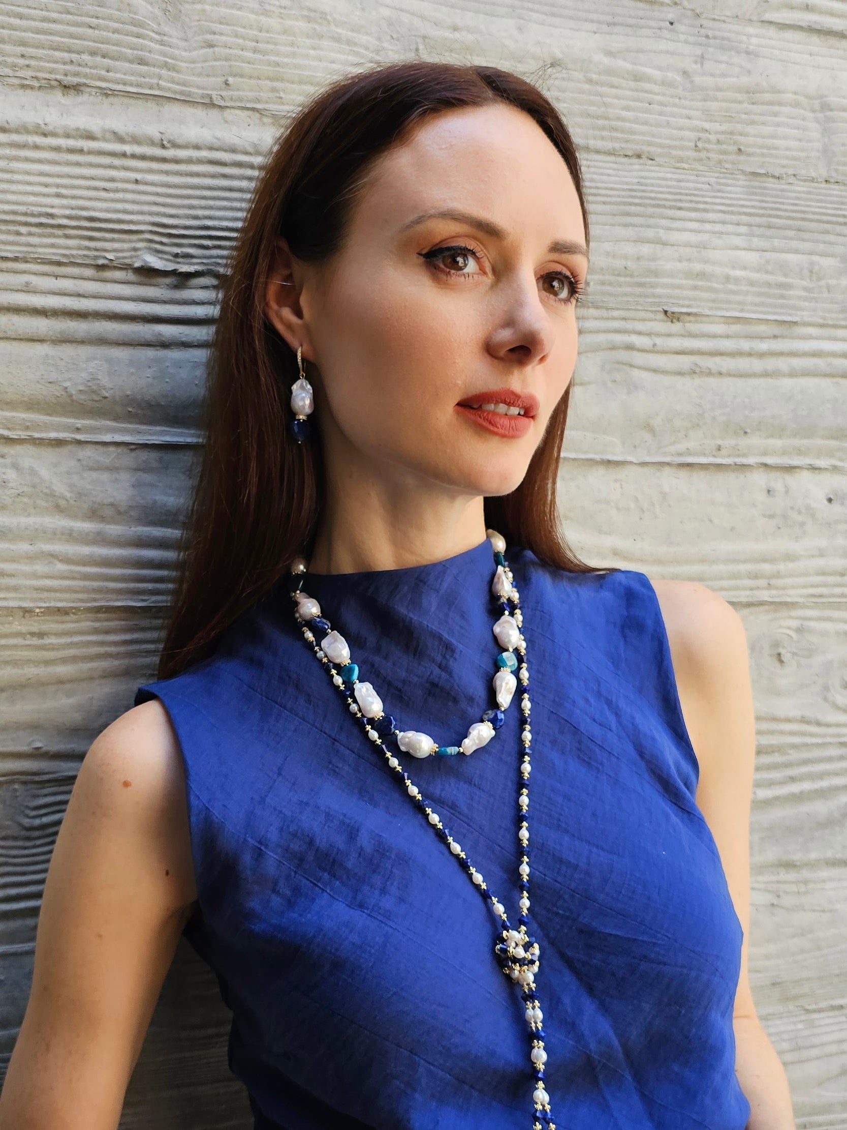Baroque Pearls Necklace with Heart-Shaped Lapis & Apatite - Elegant Vintage Jewelry PN035 | Perfect for Weddings, Parties & Special Occasions