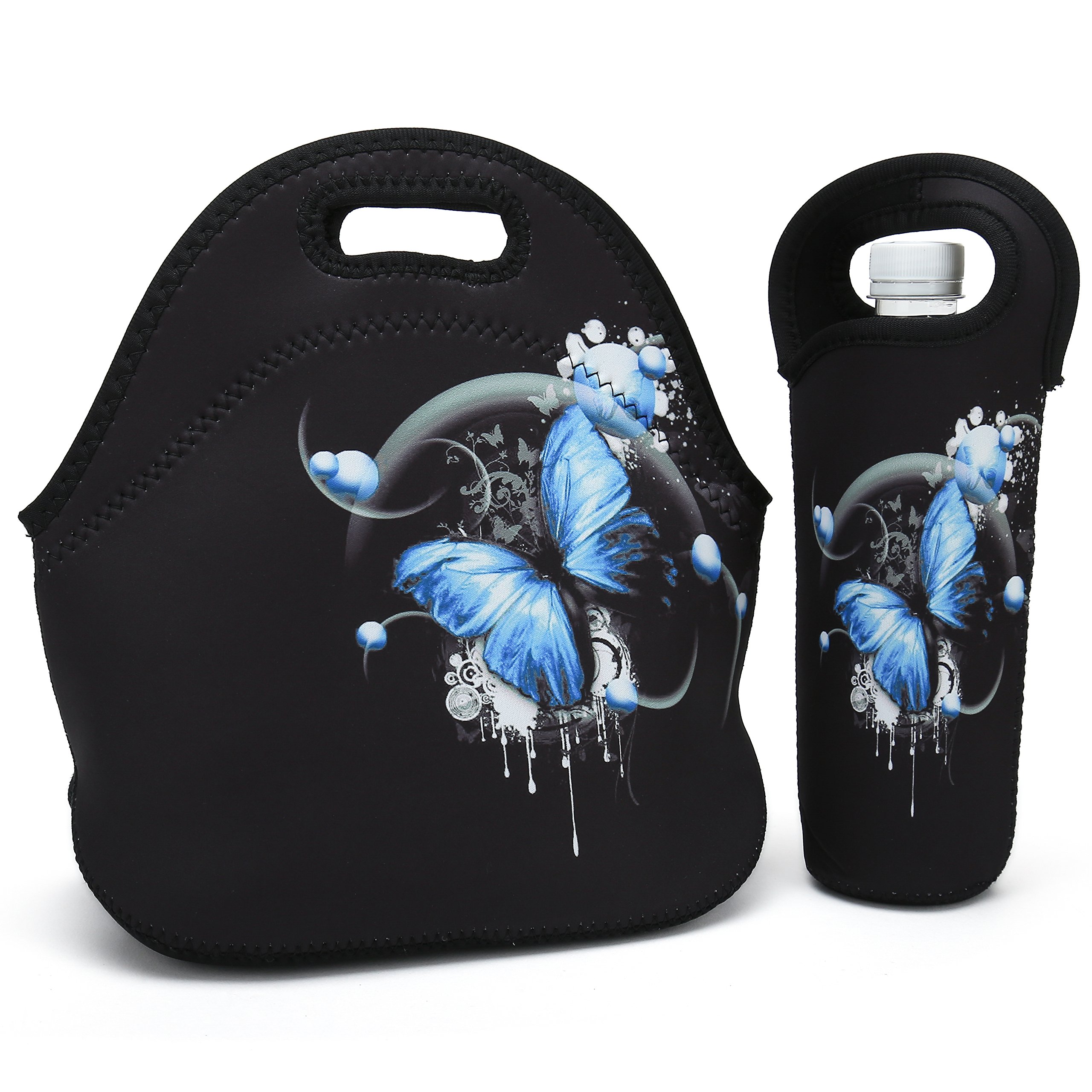 **Insulated Neoprene Lunch Bag for Women, Men & Kids - Thick Thermal Lunch Box with Water Bottle Holder - Lightweight & Durable for Travel, Picnic, School, Office - Perfect for Meals, Snacks & Drinks (Blue Butterfly Design)**