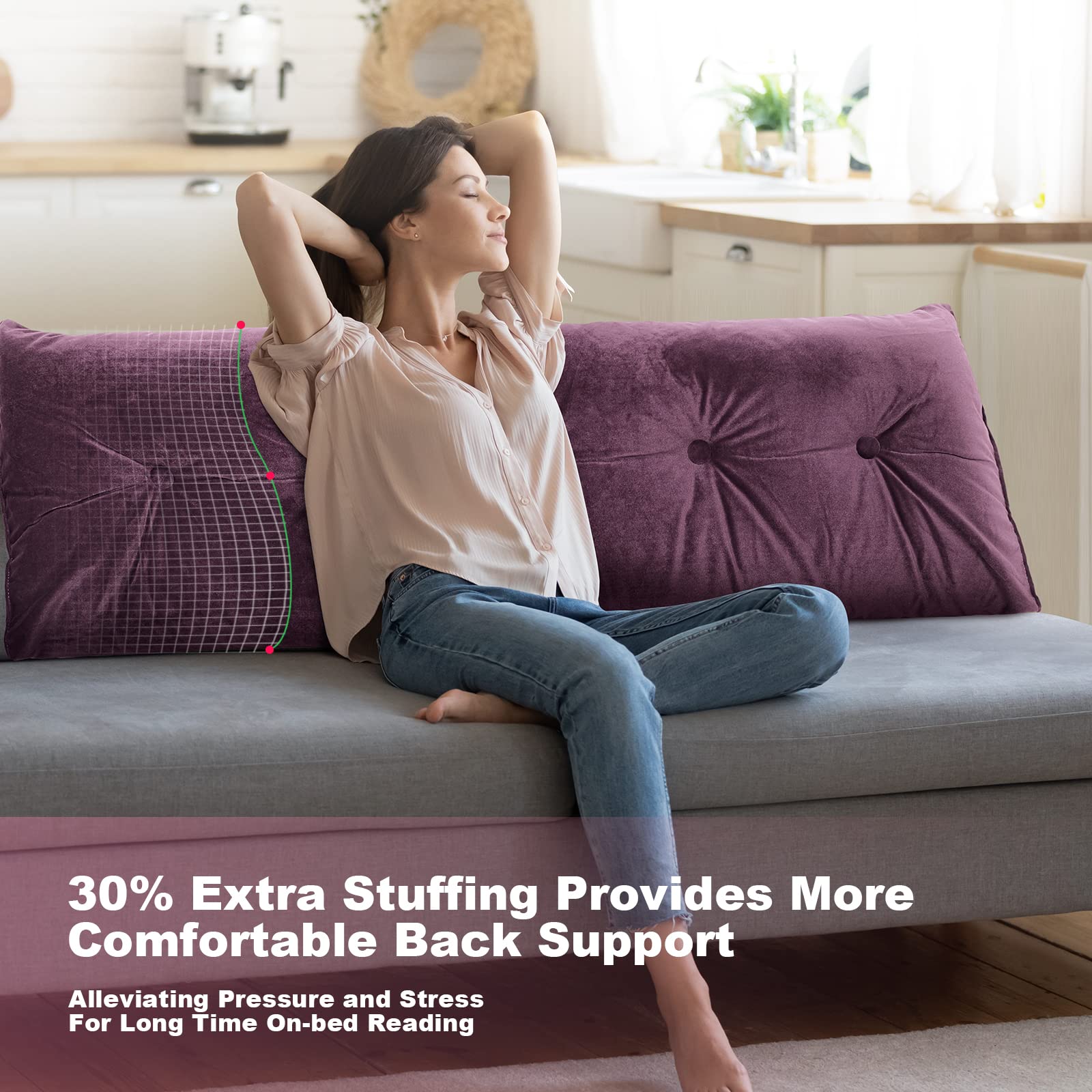 Gorilla Gadgets Large Reading Bed Rest Pillow - Triangular Wedge Pillow with Extra Filling & Washable Velvet Cover - Back Support for Reading, Watching TV, or Relaxing in Bed