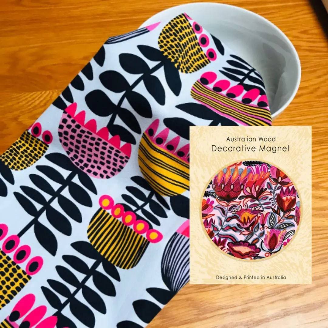 Folk Flowers Tea Towel & Wooden Fridge Magnet Gift Set - Handmade Cotton Kitchen Towel with Decorative Floral Wood Magnet - Perfect for Housewarming, Bridal Shower & Kitchen Decor Gifts