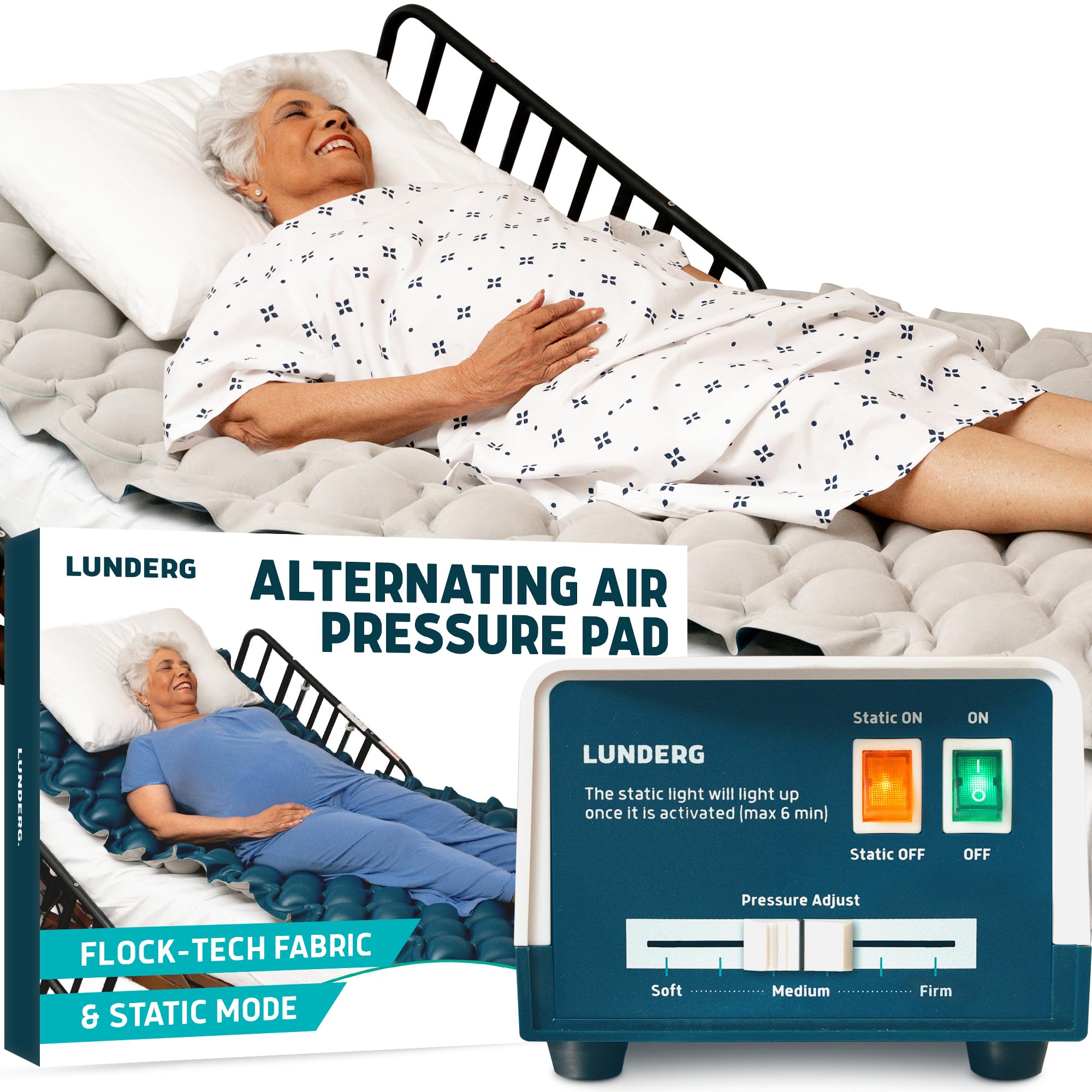Lunderg Alternating Air Pressure Mattress Pad with Static Mode & Flocking - Doctor Recommended Bed Sore Prevention Mattress Topper for Hospital & Home Use - Ultra Quiet Pump - Ideal for Elderly Care, Post-Surgery Recovery & Pressure Ulcer Relief