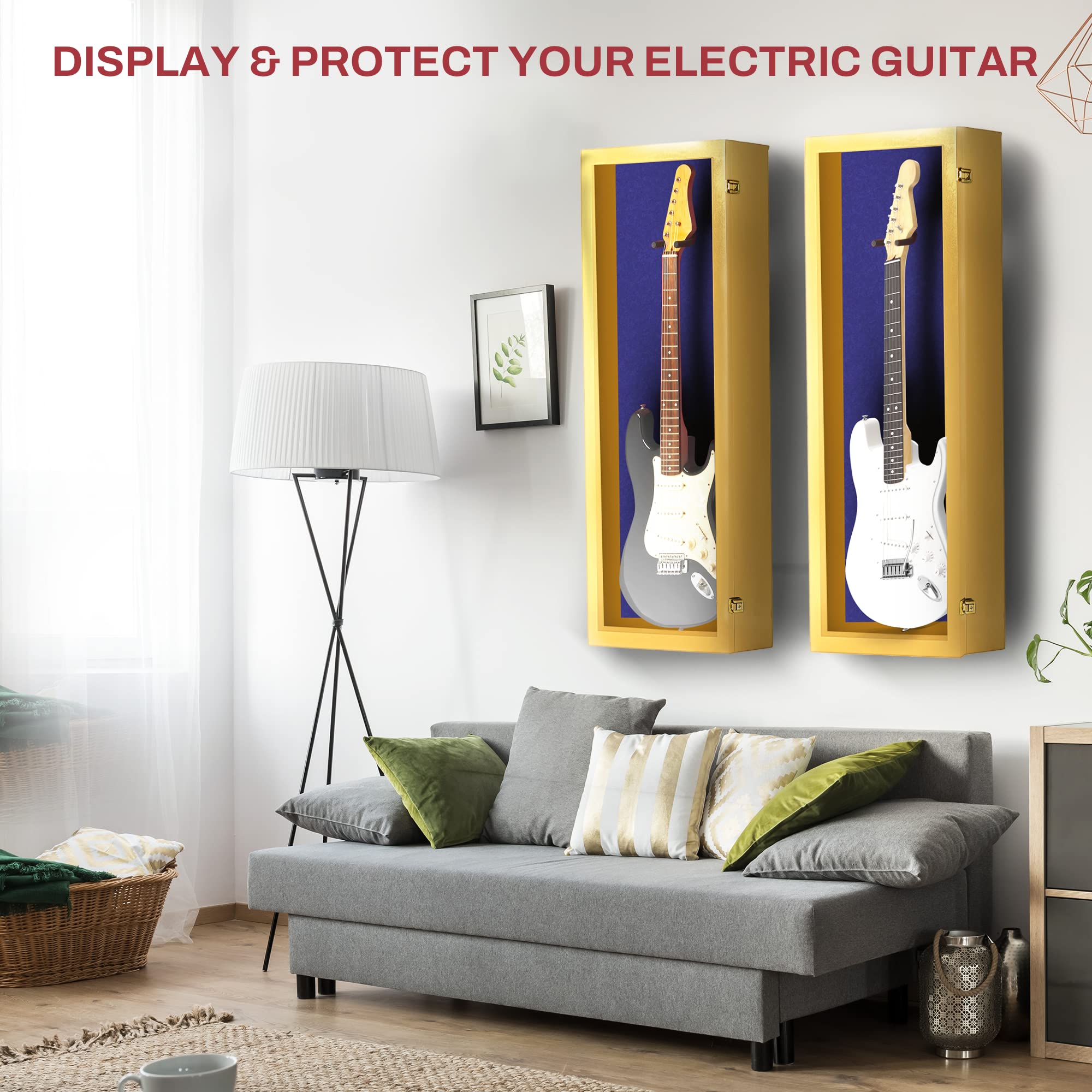 Premium Acrylic Electric Guitar Display Case with Hardwood Frame - Wall Mount Guitar Case in Golden Oak & Blue Felt - Perfect for Home, Studio & Music Store Displays