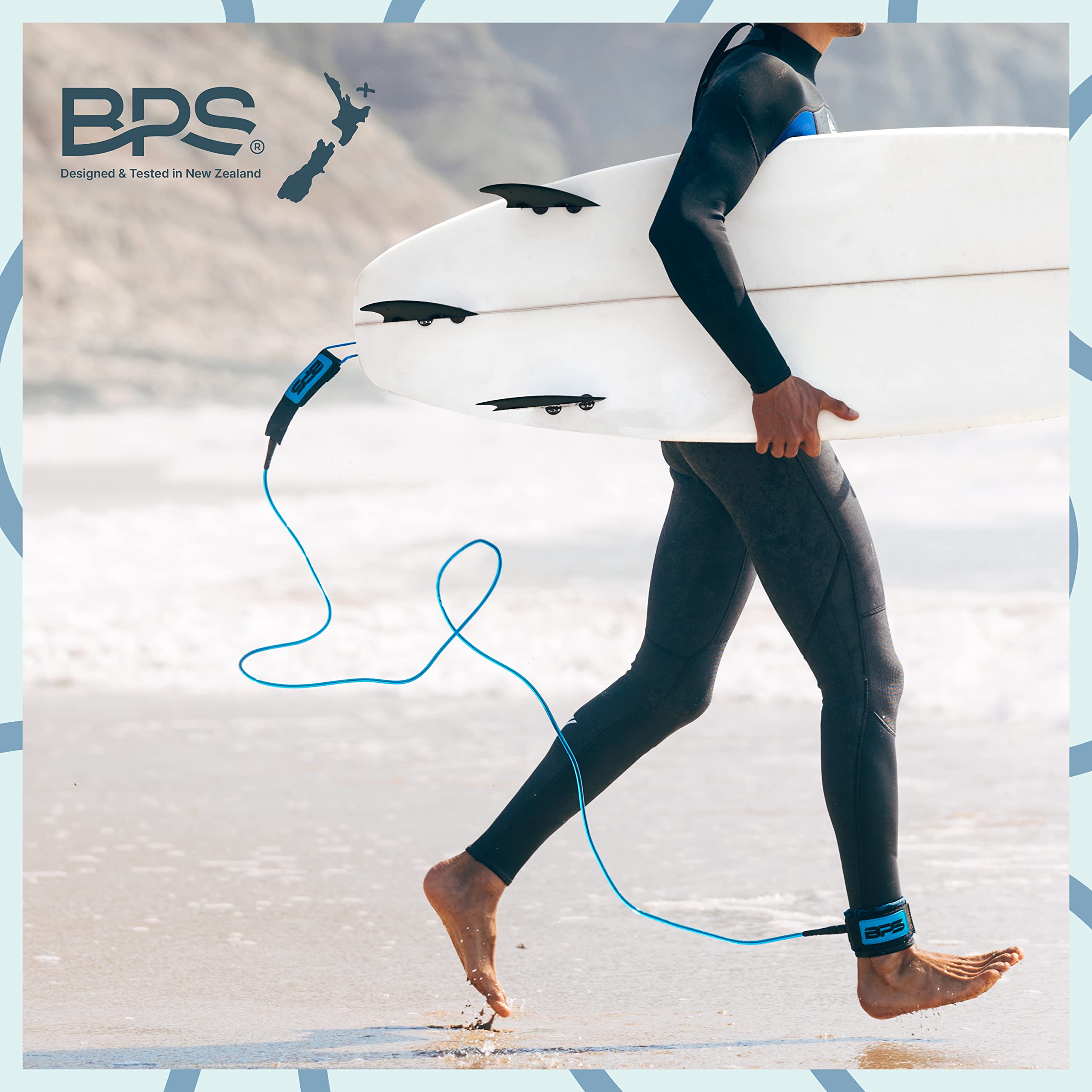 Premium Surfboard Leash 6ft 7ft 8ft 9ft 10ft - BPS New Zealand 'Storm' 7.2mm & 8mm Straight Surf Leash with Legrope Strap for All Boards - Perfect for Big Waves, Pro Surfing & Water Sports