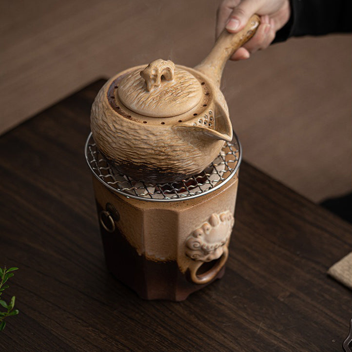 Premium Coarse Clay Heated Tea Set - Handmade Ceramic Teapot with Warmer for Gongfu Tea Ceremony | Perfect for Home, Office & Gift Giving