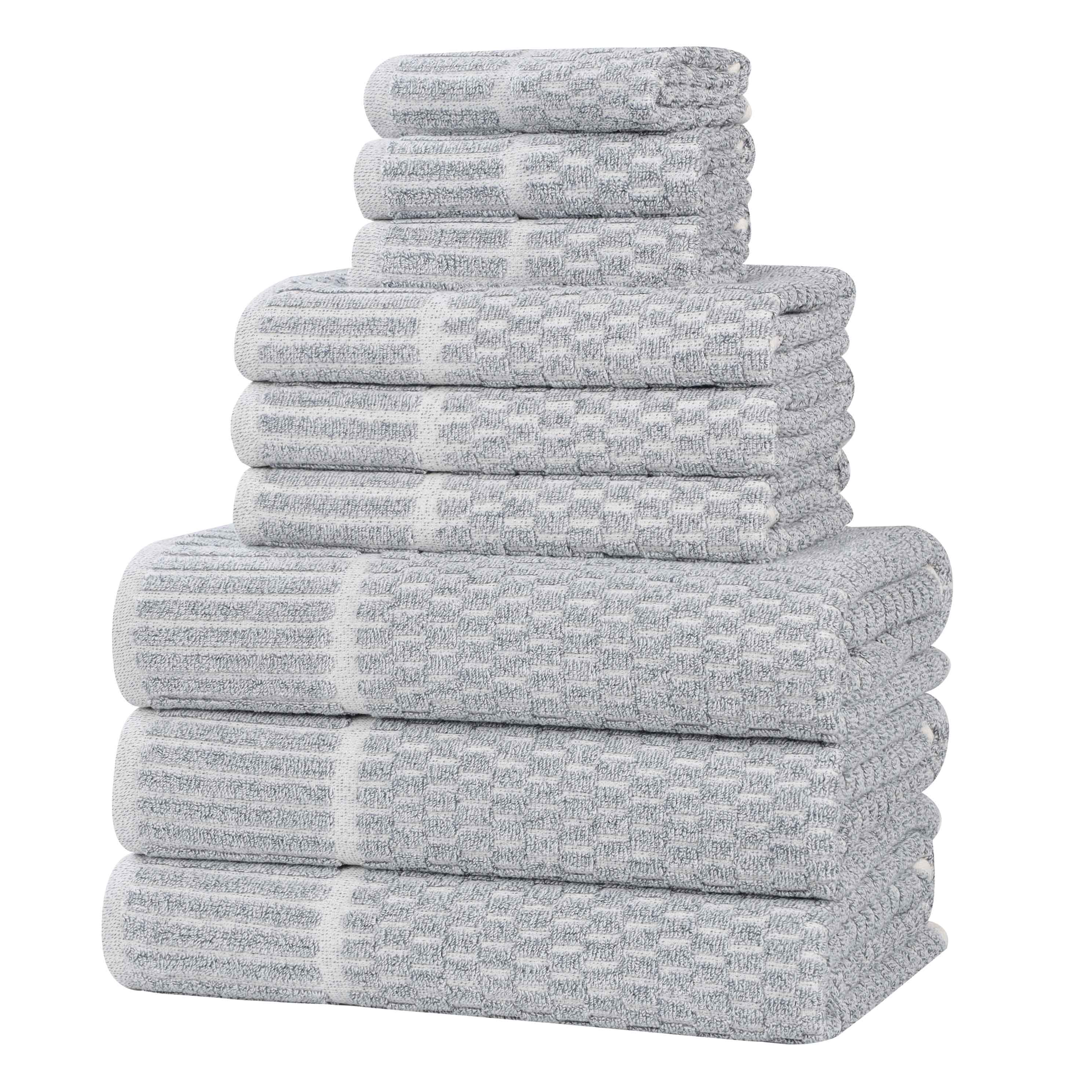 Premium 9-Piece Cotton Blend Checkered Border Towel Set - Medium Weight, Soft & Absorbent for Bathroom, Spa, and Guest Use