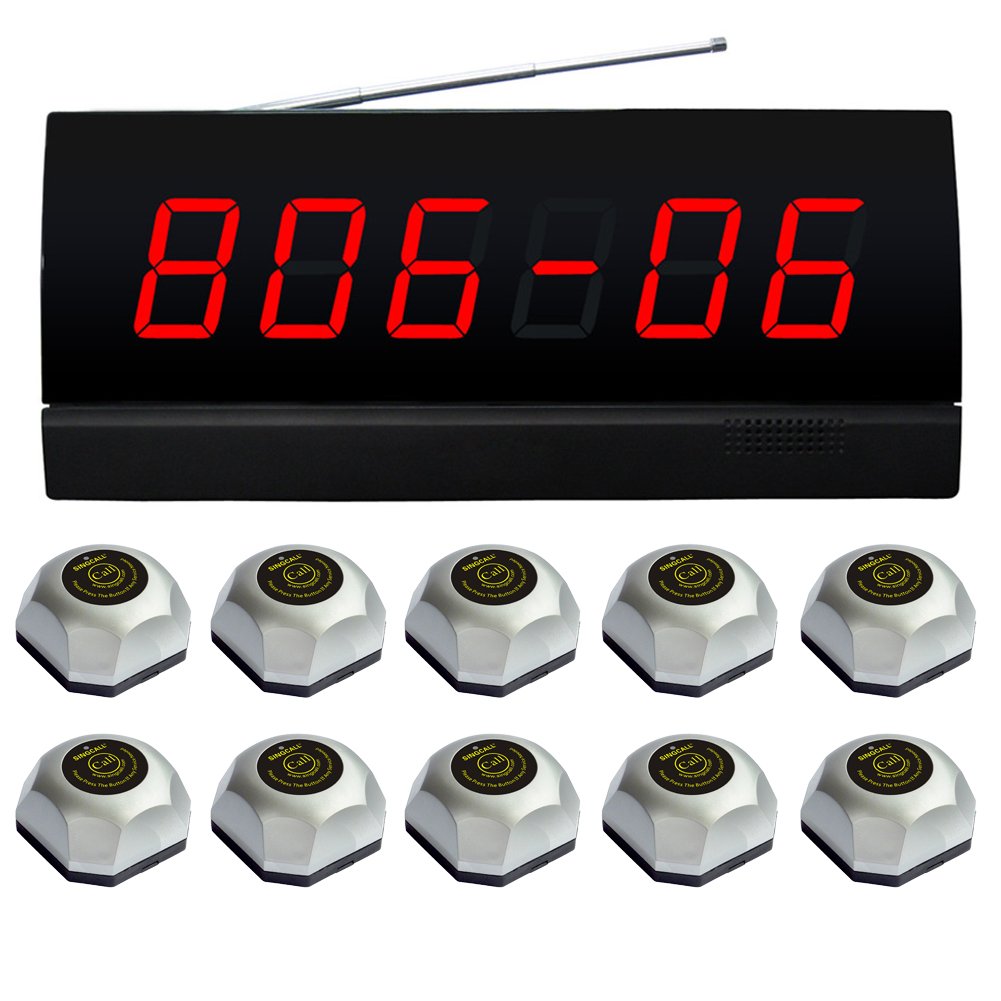 SINGCALL Wireless Call Paging System for Restaurants, Hotels & Villas - 1 Display & 10 Silver Bell Pager Set - Easy Wireless Operation for Staff Communication - Perfect for Hospitality, Healthcare & Retail Businesses