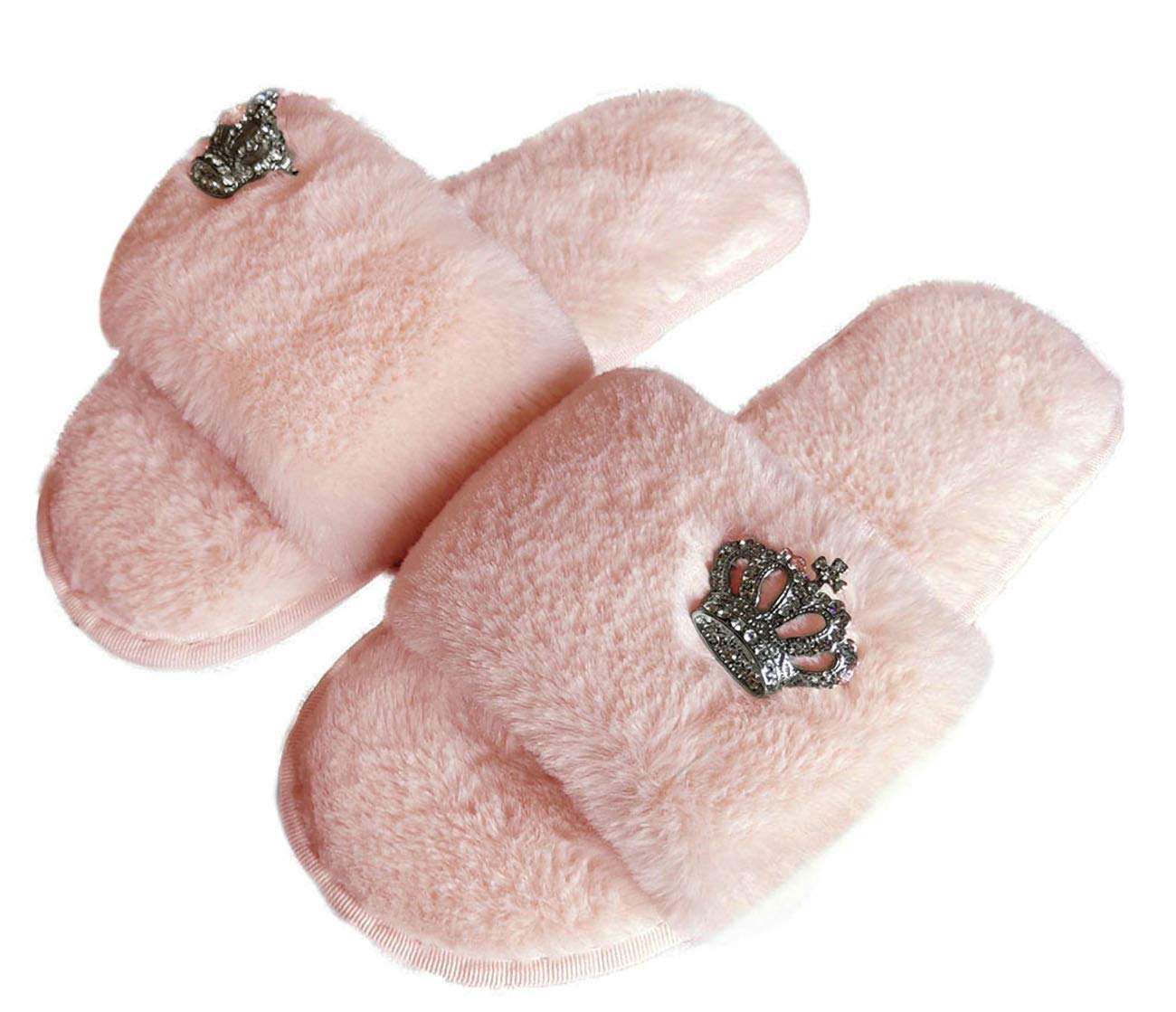 Women's Fashion Fur Slide Slippers with Bling Rhinestone Crown - Plush Open Toe House Slippers for Girls & Women - Perfect for Indoor Comfort, Lounge Wear and Gift Giving