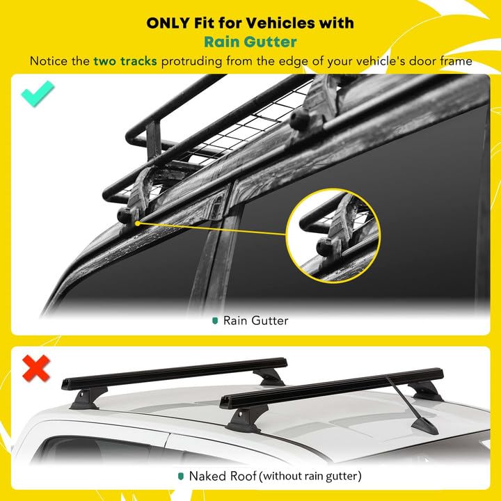 YHTAUTO Aluminum Alloy Car Roof Rack Cross Bar - Compatible with Jeep Wrangler 2007-2023 Hard Top w/Rain Gutter - 165 lbs Capacity for Rooftop Tent, Kayak, Bike, Luggage, Snowboard, Ski & Canoe - Perfect for Camping, Road Trips & Outdoor Adventures