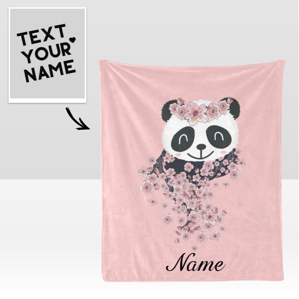 Personalized Cherry Blossom Panda Fleece Throw Blanket - Custom Name Text, Soft & Cozy 50x60 Inch Blanket for Adults, Gifts, Bedroom, Sofa & Outdoor Use
