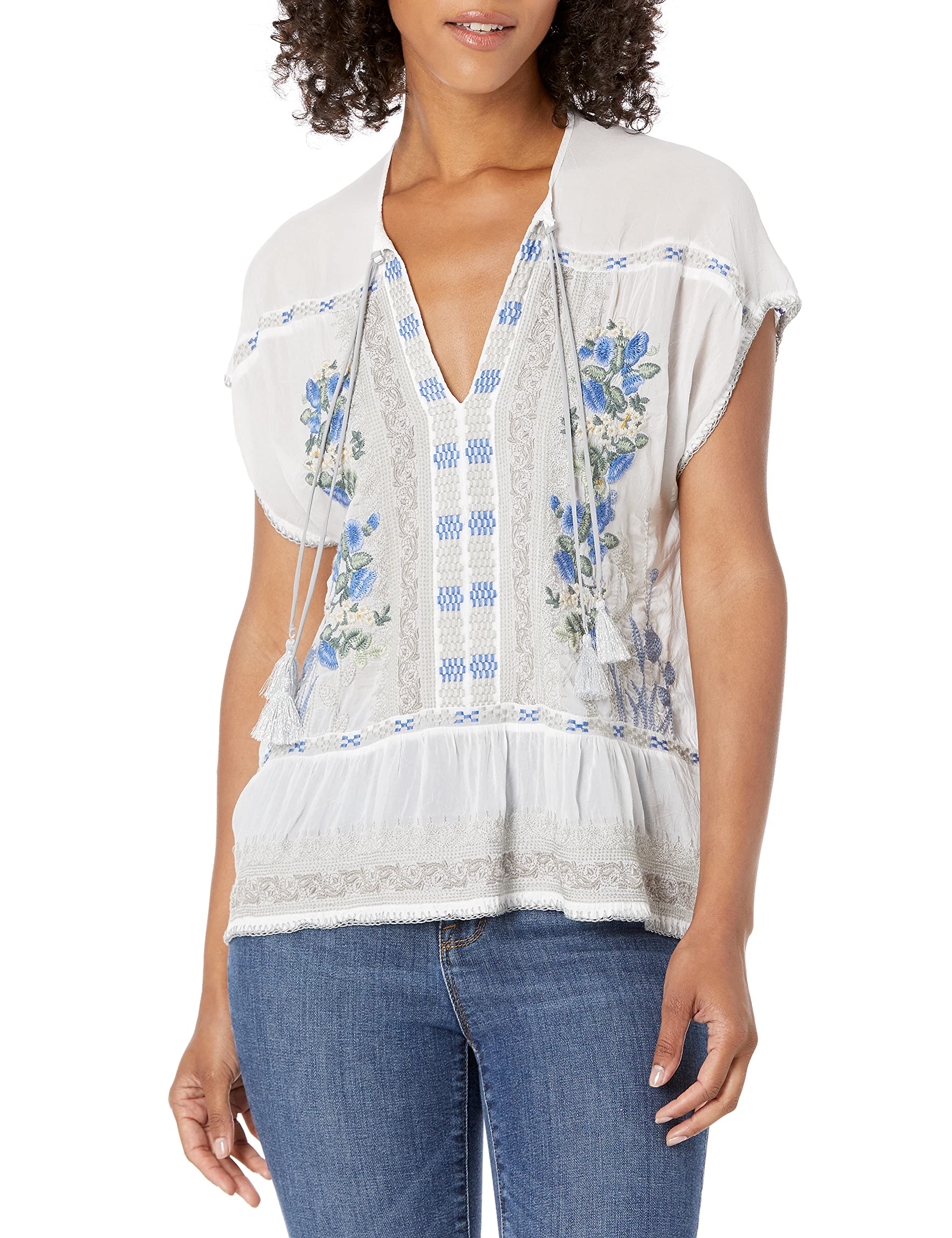 Johnny Was Women's Short Sleeve Boho Blouse - Floral Print V-Neck Top for Casual Wear & Summer Outfits